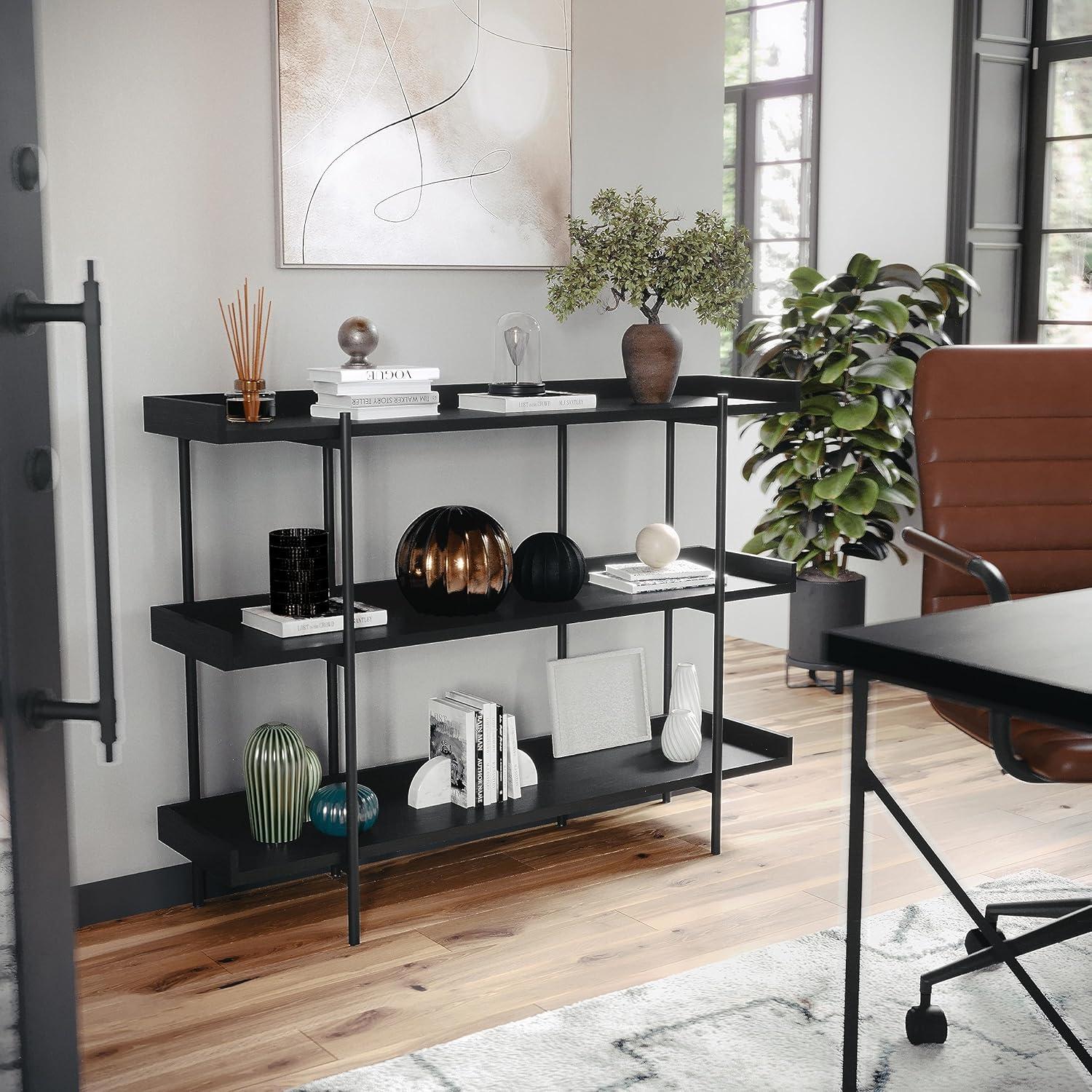 imageMartha Stewart Emmett 3 Shelf Bookcase with Vertical Metal Frame Home Office Storage Display Unit 35 H Walnut Wood GrainPolished BrassBlack Wood GrainOil Rubbed Bronze Frame