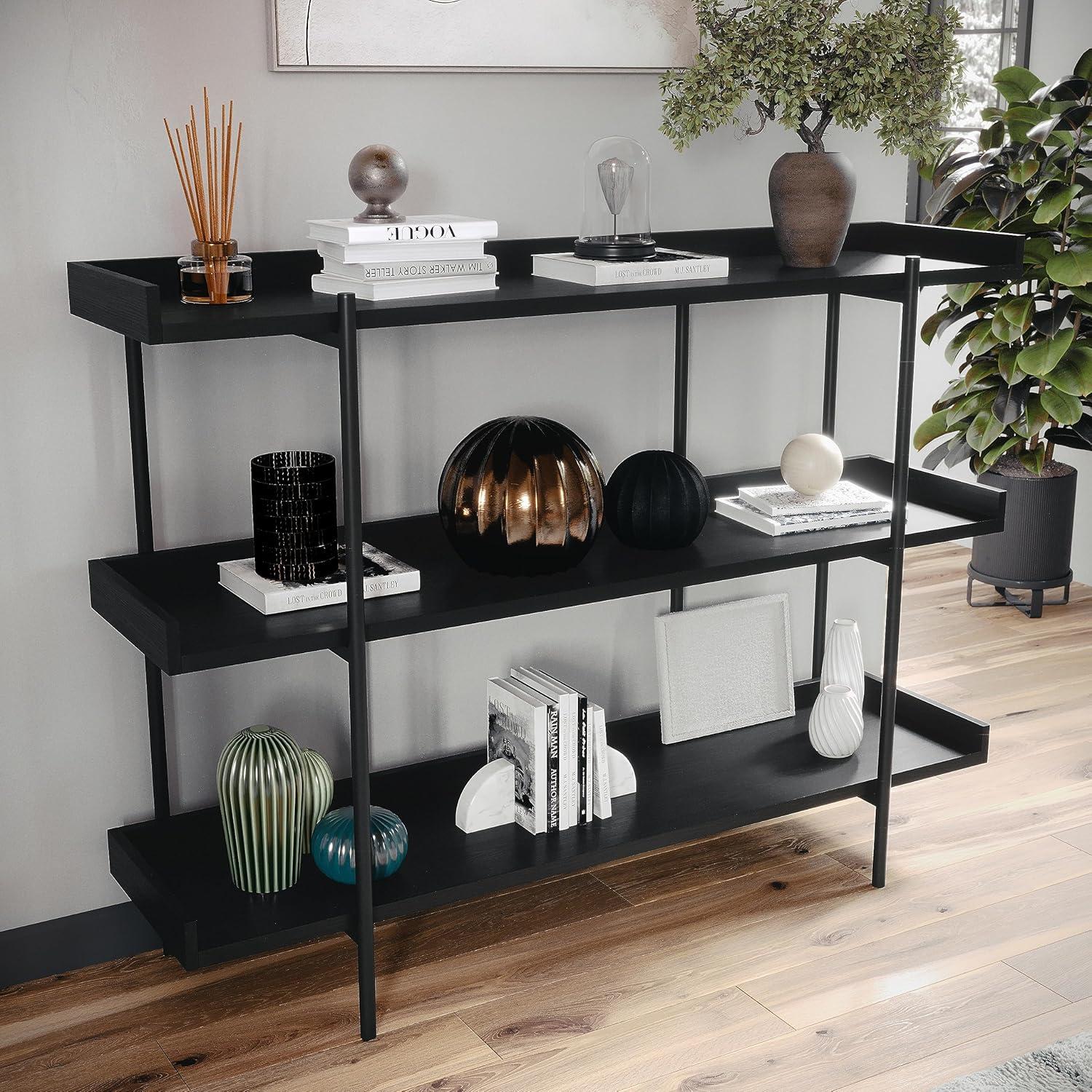imageMartha Stewart Emmett 3 Shelf Bookcase with Vertical Metal Frame Home Office Storage Display Unit 35 H Walnut Wood GrainPolished BrassBlack Wood GrainOil Rubbed Bronze Frame