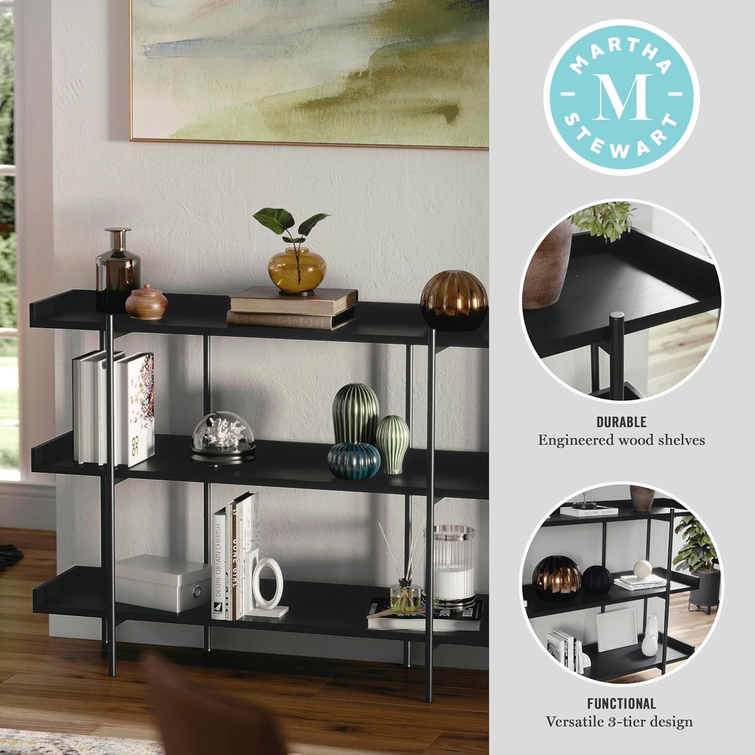 imageMartha Stewart Emmett 3 Shelf Bookcase with Vertical Metal Frame Home Office Storage Display Unit 35 H Walnut Wood GrainPolished BrassBlack Wood GrainOil Rubbed Bronze Frame