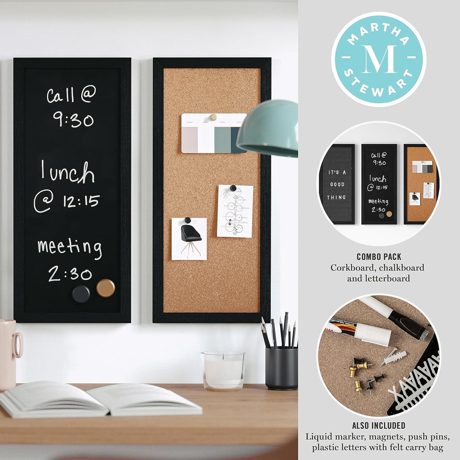 imageMartha Stewart Everette Cork Board Chalk Board Letter Board Set with Included Push Pins Magnets Liquid Chalk Letters 18 x 24 White Woodgrain FrameBlack Woodgrain