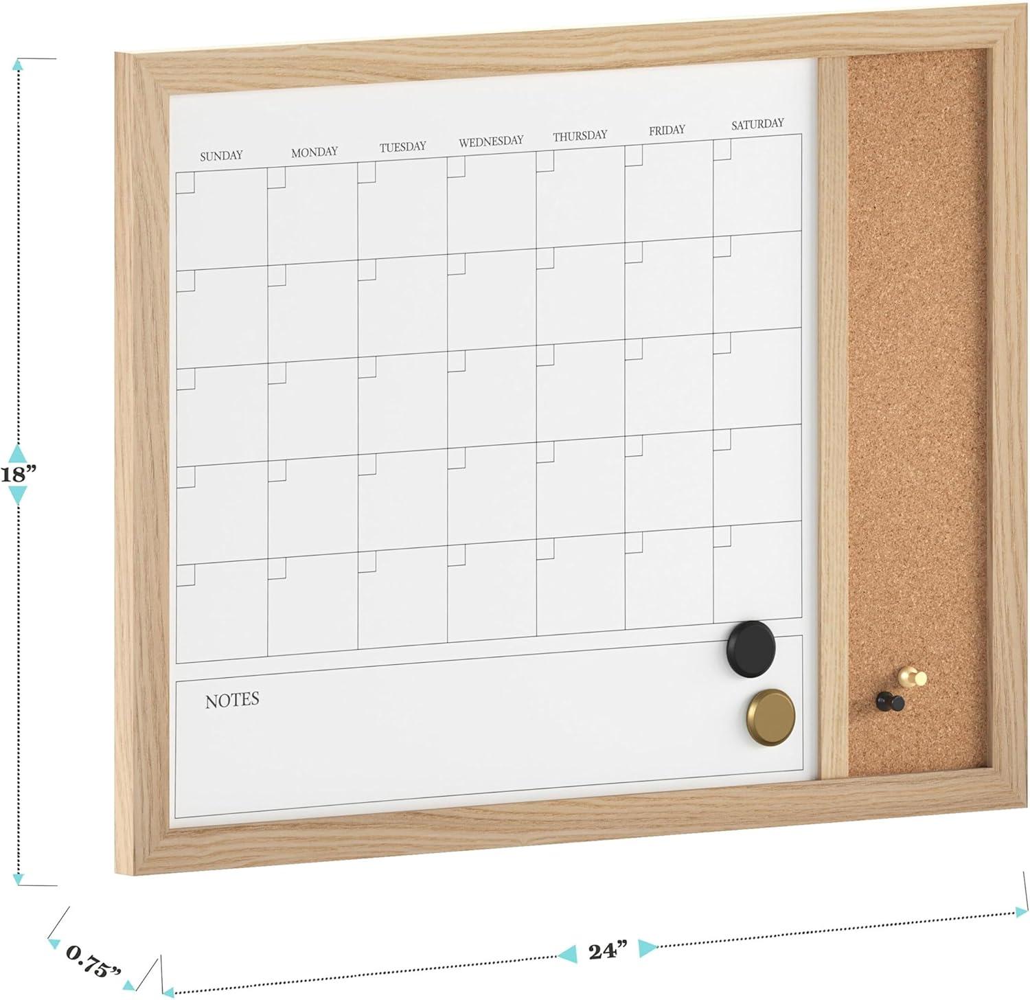 imageMartha Stewart Everette Magnetic Dry Erase Monthly Calendar and Cork Board Combo with Included Marker Magnets and Push Pins 24x18 White Woodgrain FrameLight Natural Woodgrain