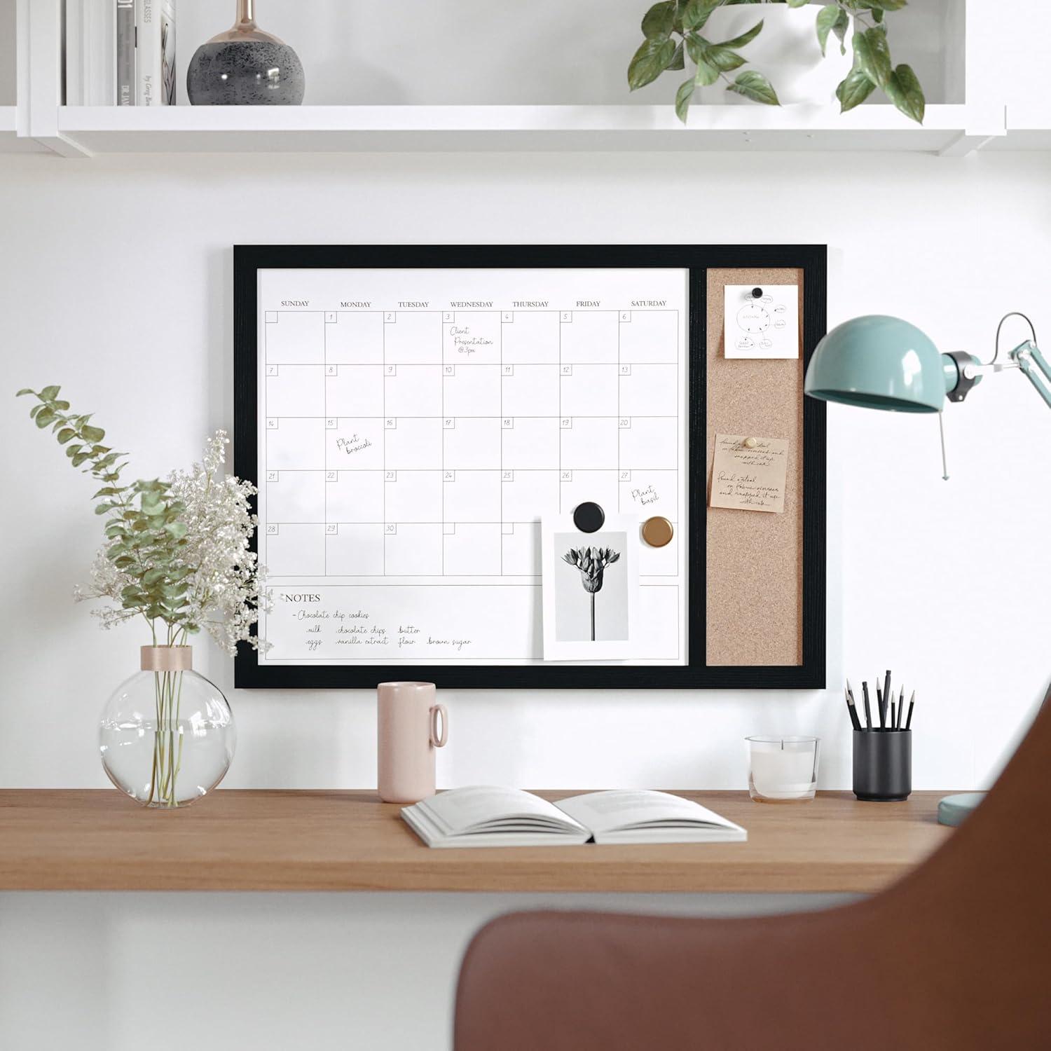 imageMartha Stewart Everette Magnetic Dry Erase Monthly Calendar and Cork Board Combo with Included Marker Magnets and Push Pins 24x18 White Woodgrain FrameLight Natural Woodgrain