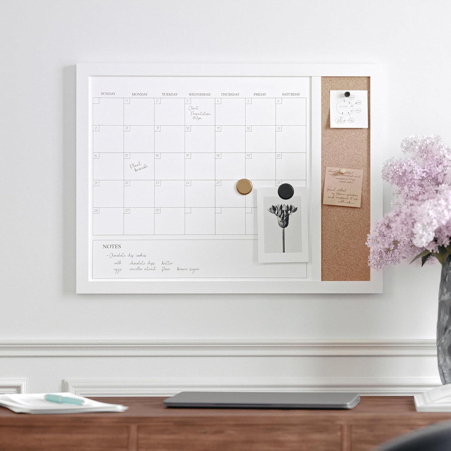 imageMartha Stewart Everette Magnetic Dry Erase Monthly Calendar and Cork Board Combo with Included Marker Magnets and Push Pins 24x18 White Woodgrain FrameLight Natural Woodgrain