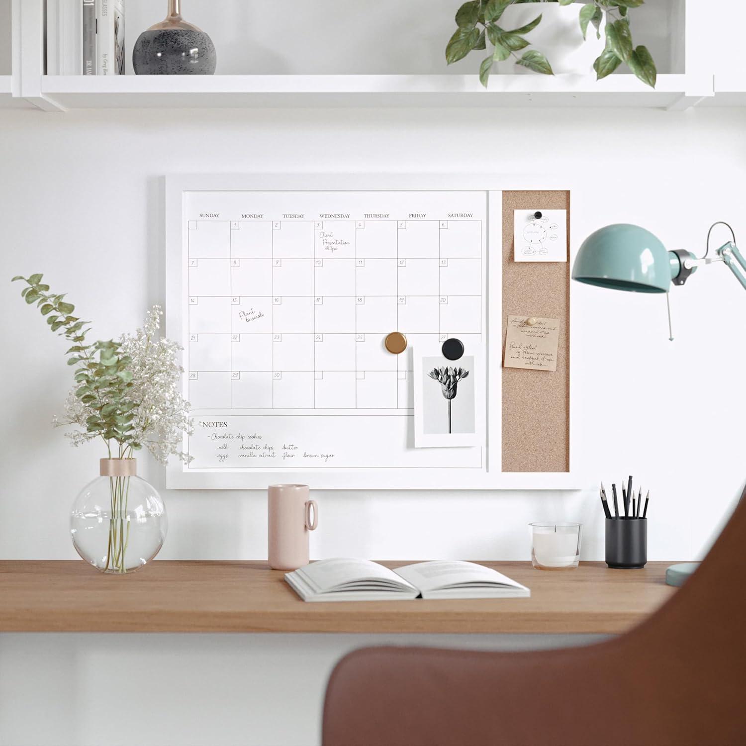 imageMartha Stewart Everette Magnetic Dry Erase Monthly Calendar and Cork Board Combo with Included Marker Magnets and Push Pins 24x18 White Woodgrain FrameLight Natural Woodgrain