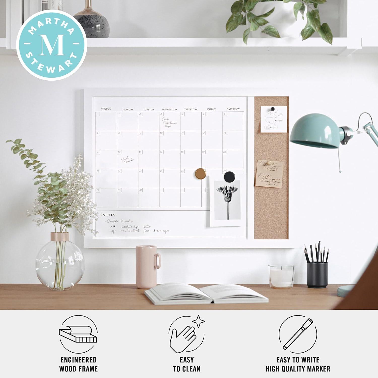 imageMartha Stewart Everette Magnetic Dry Erase Monthly Calendar and Cork Board Combo with Included Marker Magnets and Push Pins 24x18 White Woodgrain FrameLight Natural Woodgrain