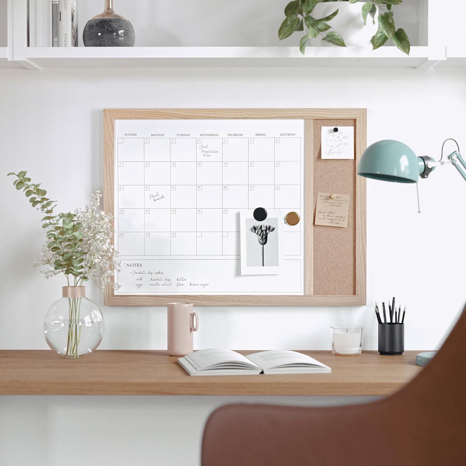 imageMartha Stewart Everette Magnetic Dry Erase Monthly Calendar and Cork Board Combo with Included Marker Magnets and Push Pins 24x18 White Woodgrain FrameLight Natural Woodgrain