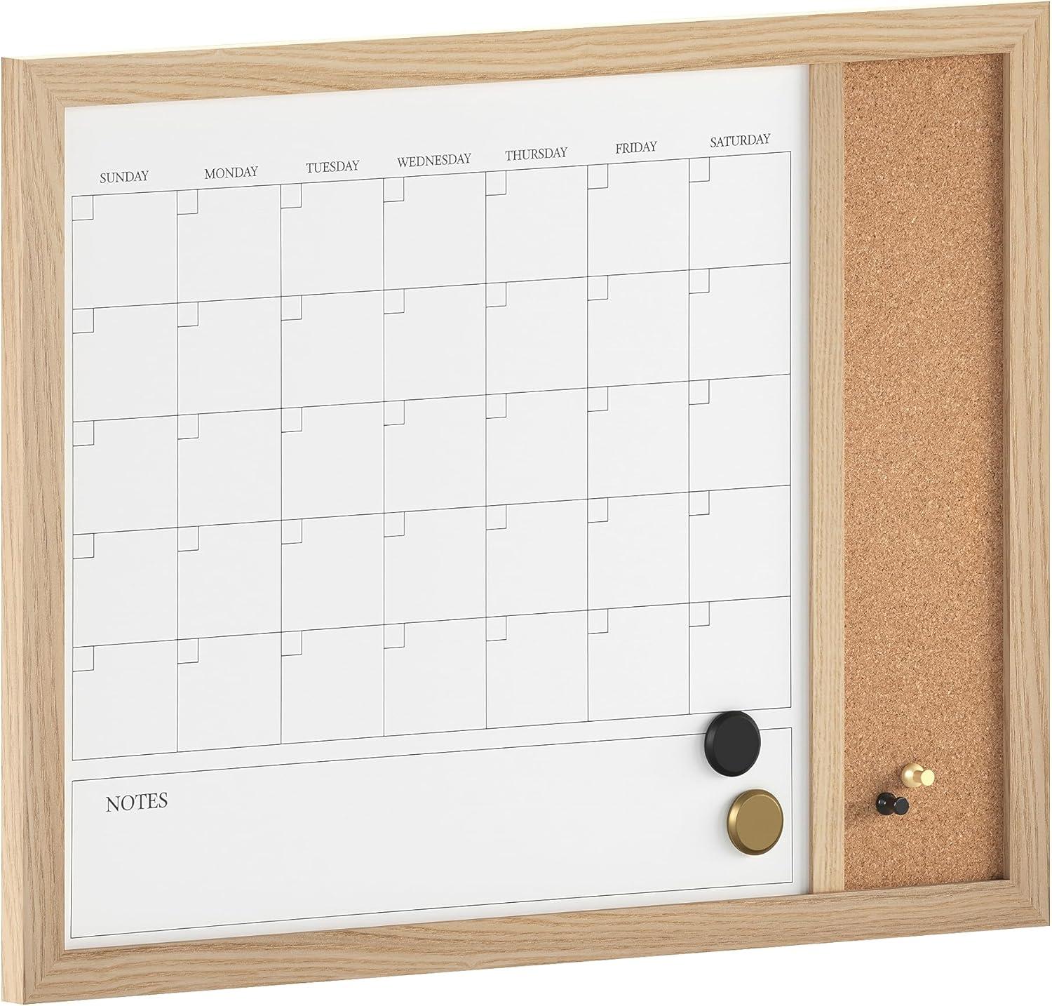imageMartha Stewart Everette Magnetic Dry Erase Monthly Calendar and Cork Board Combo with Included Marker Magnets and Push Pins 24x18 White Woodgrain FrameLight Natural Woodgrain