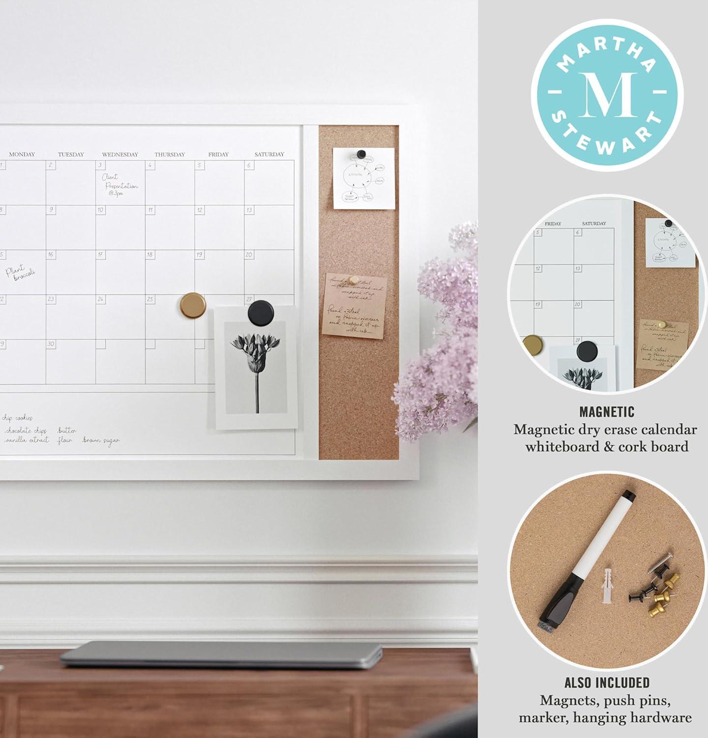 imageMartha Stewart Everette Magnetic Dry Erase Monthly Calendar and Cork Board Combo with Included Marker Magnets and Push Pins 24x18 White Woodgrain FrameLight Natural Woodgrain