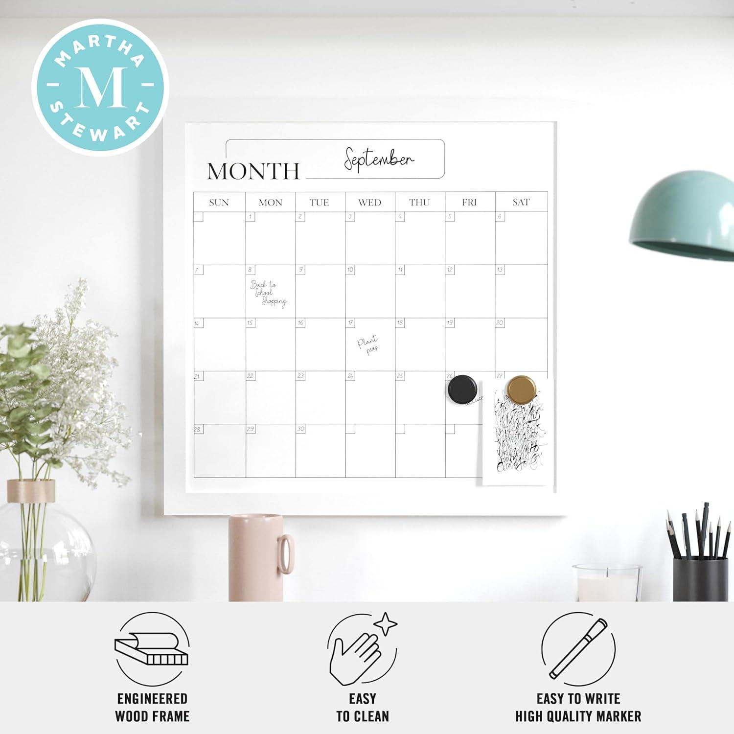 imageMartha Stewart Everette Magnetic Monthly Calendar Dry Erase Board with Included Dry Erase Marker and 2 Magnets 18 x 18 White Woodgrain FrameWhite Woodgrain