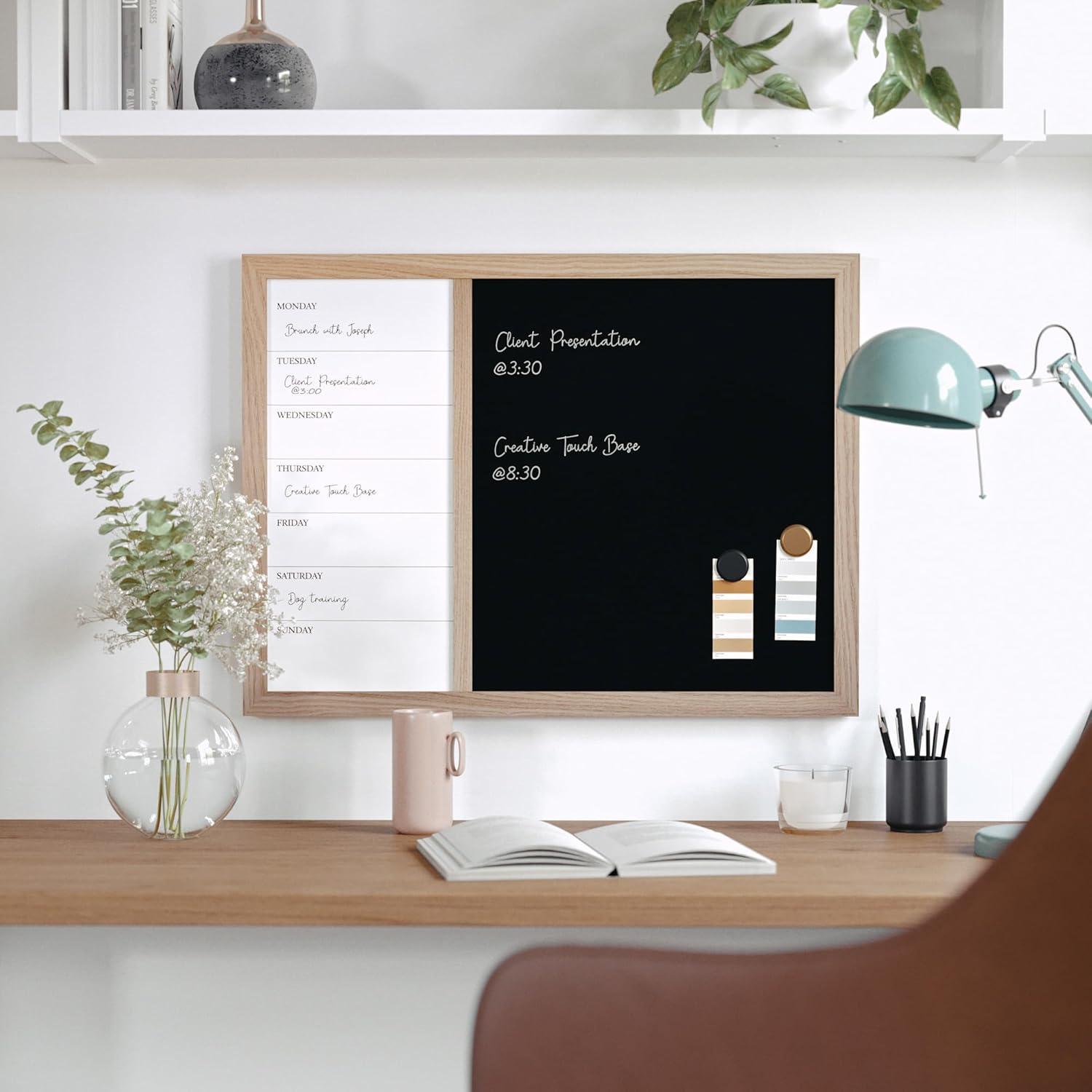 imageMartha Stewart Everette Magnetic Weekly Calendar Dry Erase Board and Chalk Board with Liquid Chalk Marker and Magnets 24x18 Light Natural Woodgrain FrameWhite Woodgrain