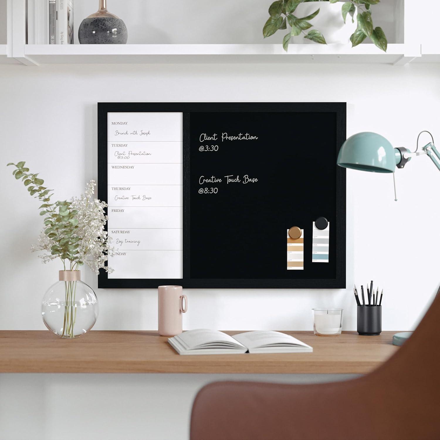 imageMartha Stewart Everette Magnetic Weekly Calendar Dry Erase Board and Chalk Board with Liquid Chalk Marker and Magnets 24x18 Light Natural Woodgrain FrameBlack Woodgrain