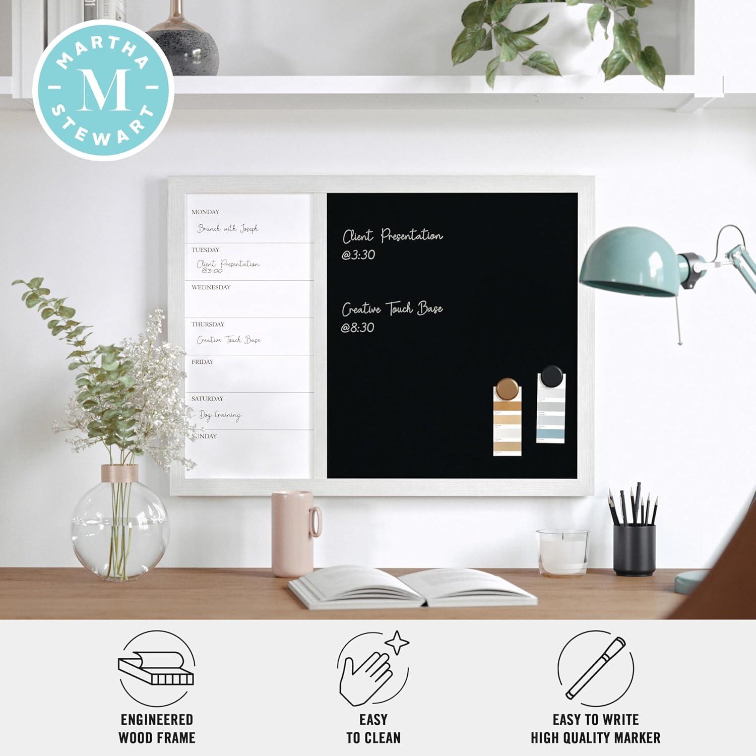 imageMartha Stewart Everette Magnetic Weekly Calendar Dry Erase Board and Chalk Board with Liquid Chalk Marker and Magnets 24x18 Light Natural Woodgrain FrameWhite Woodgrain
