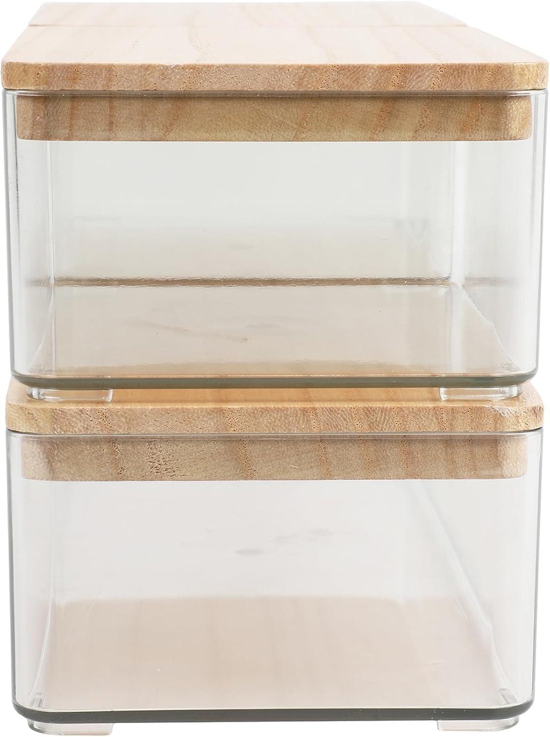 imageMartha Stewart Grady Clear Plastic Stackable Storage Boxes with Light Natural Paulownia Wood Lids Set of 3ClearLight Natural Paulownia Top