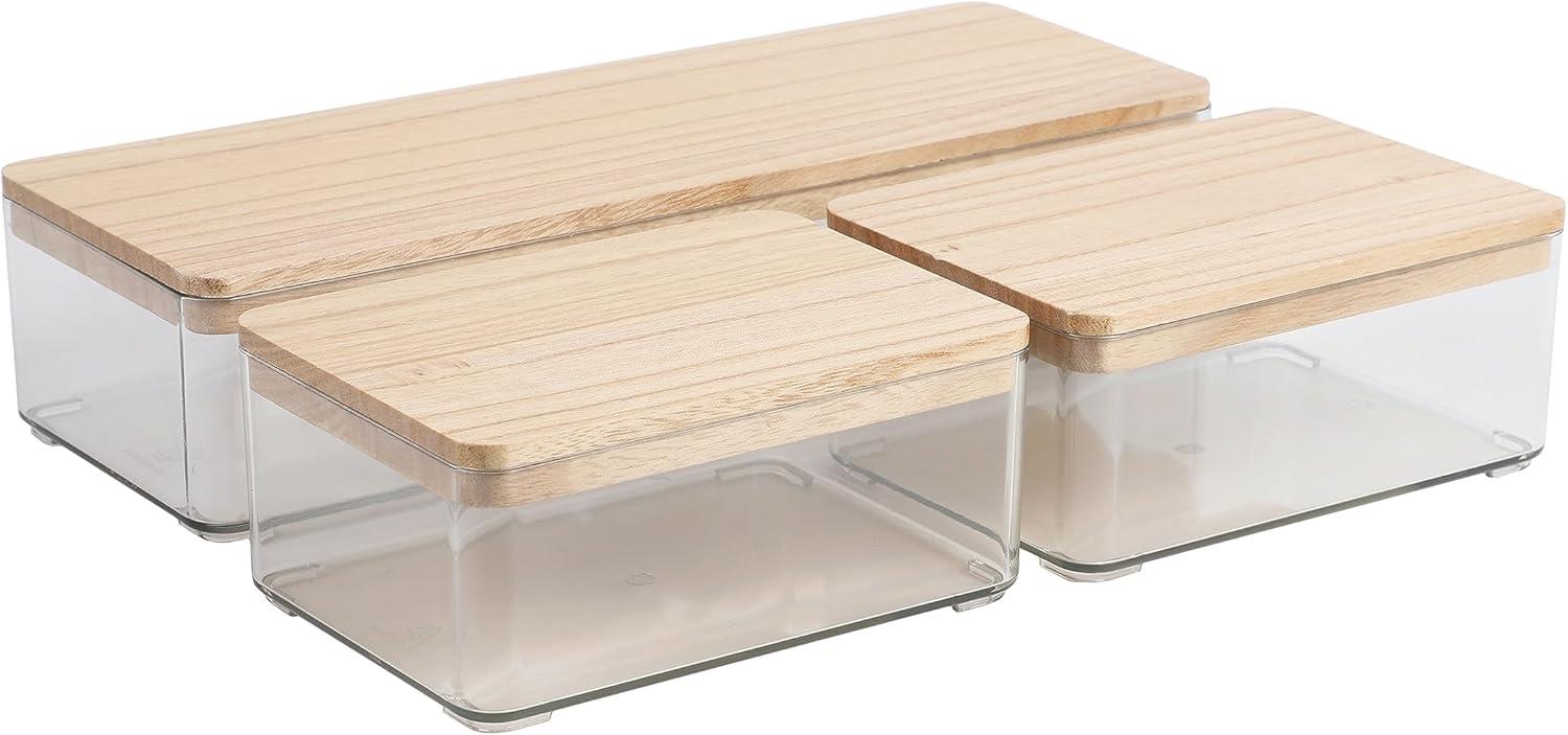 imageMartha Stewart Grady Clear Plastic Stackable Storage Boxes with Light Natural Paulownia Wood Lids Set of 3ClearLight Natural Paulownia Top