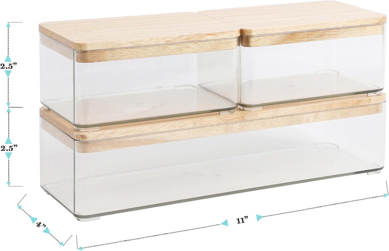 imageMartha Stewart Grady Clear Plastic Stackable Storage Boxes with Light Natural Paulownia Wood Lids Set of 3ClearLight Natural Paulownia Top