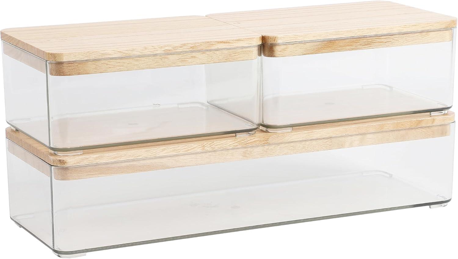 imageMartha Stewart Grady Clear Plastic Stackable Storage Boxes with Light Natural Paulownia Wood Lids Set of 3ClearLight Natural Paulownia Top