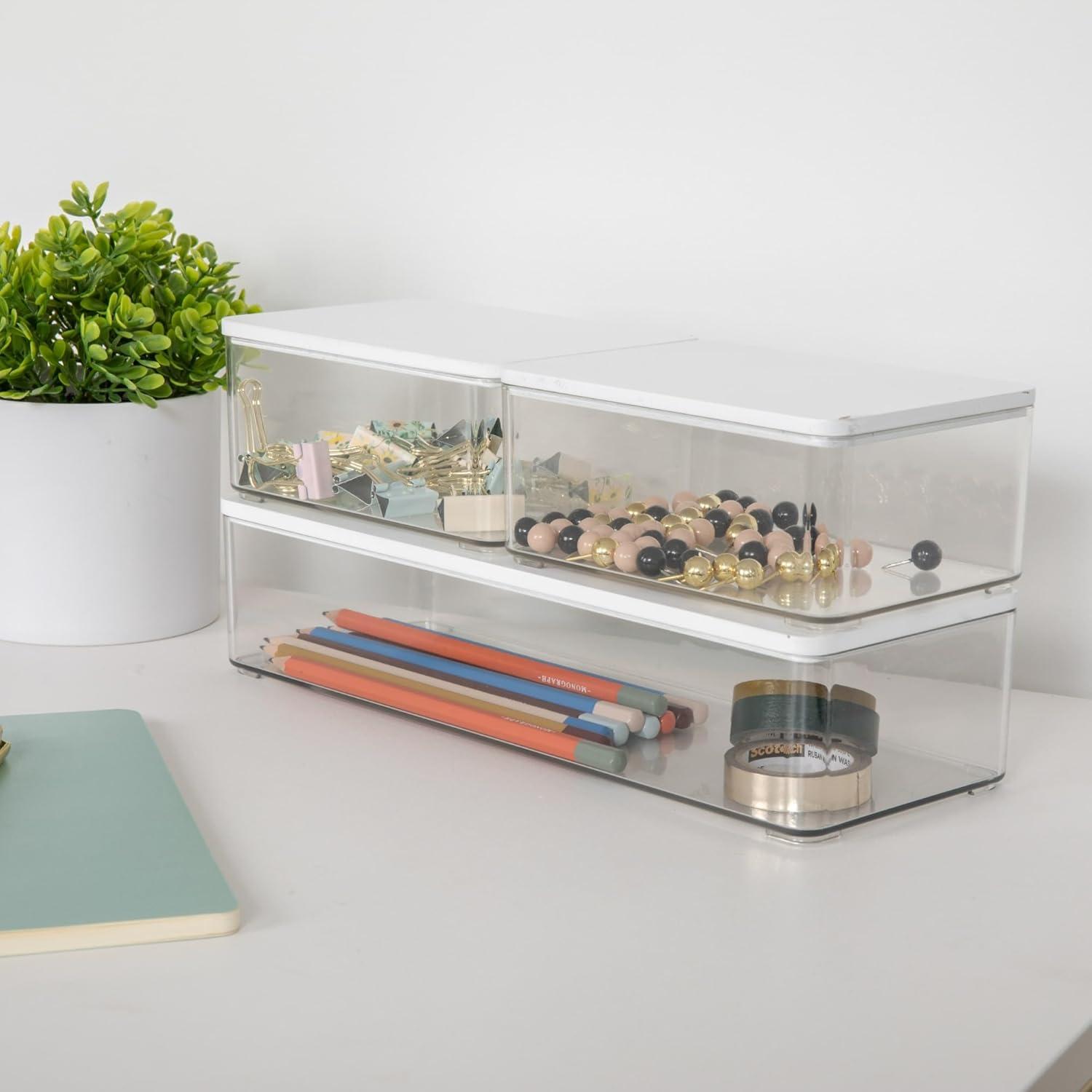 imageMartha Stewart Grady Clear Plastic Stackable Storage Boxes with Light Natural Paulownia Wood Lids Set of 3ClearWhite Engineered Top