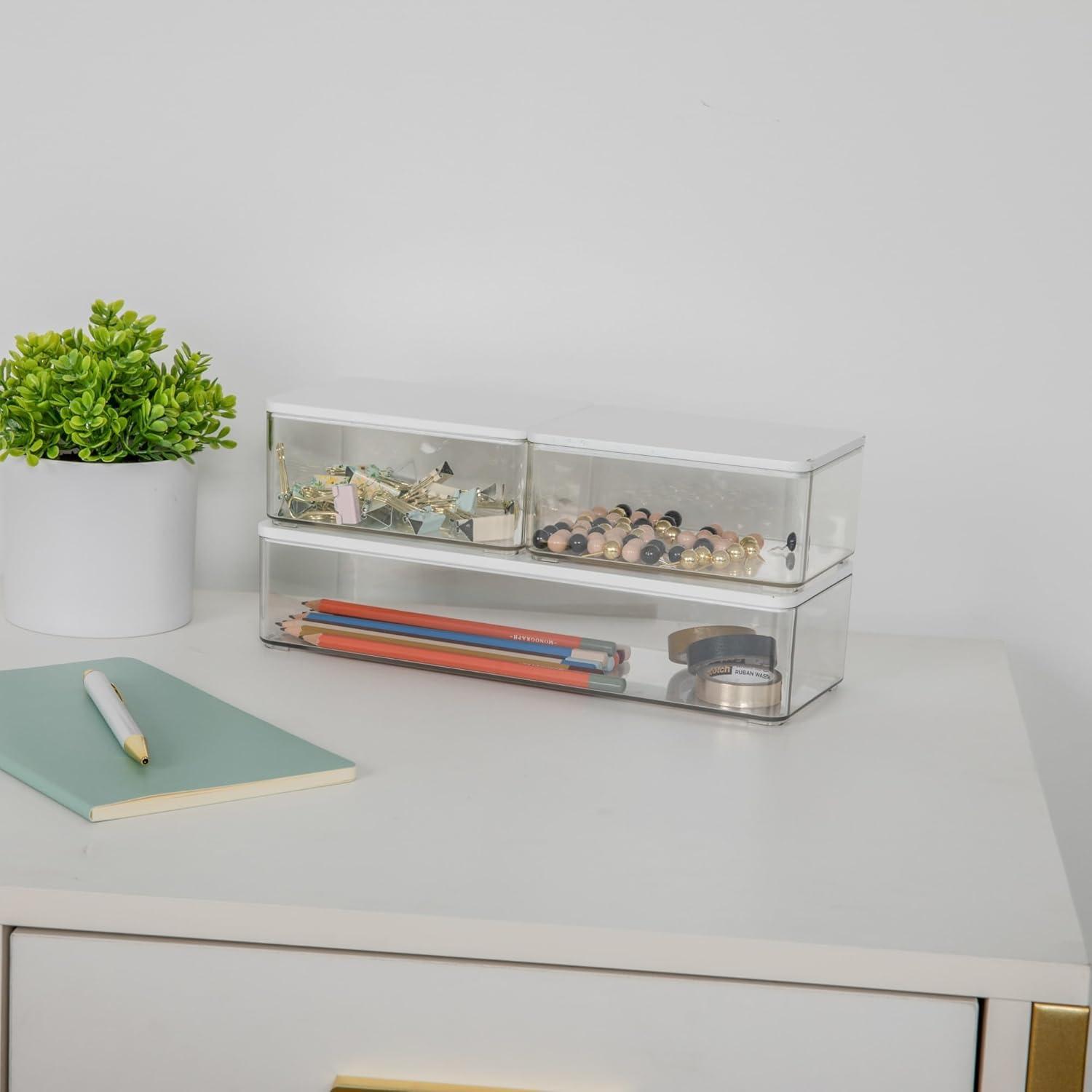 imageMartha Stewart Grady Clear Plastic Stackable Storage Boxes with Light Natural Paulownia Wood Lids Set of 3ClearWhite Engineered Top