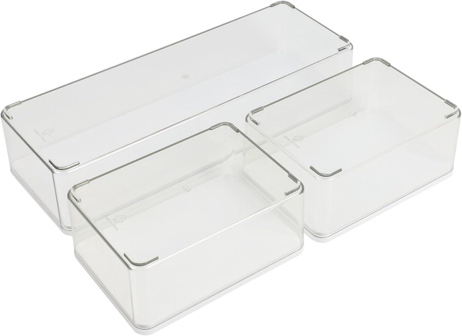 imageMartha Stewart Grady Clear Plastic Stackable Storage Boxes with Light Natural Paulownia Wood Lids Set of 3ClearWhite Engineered Top