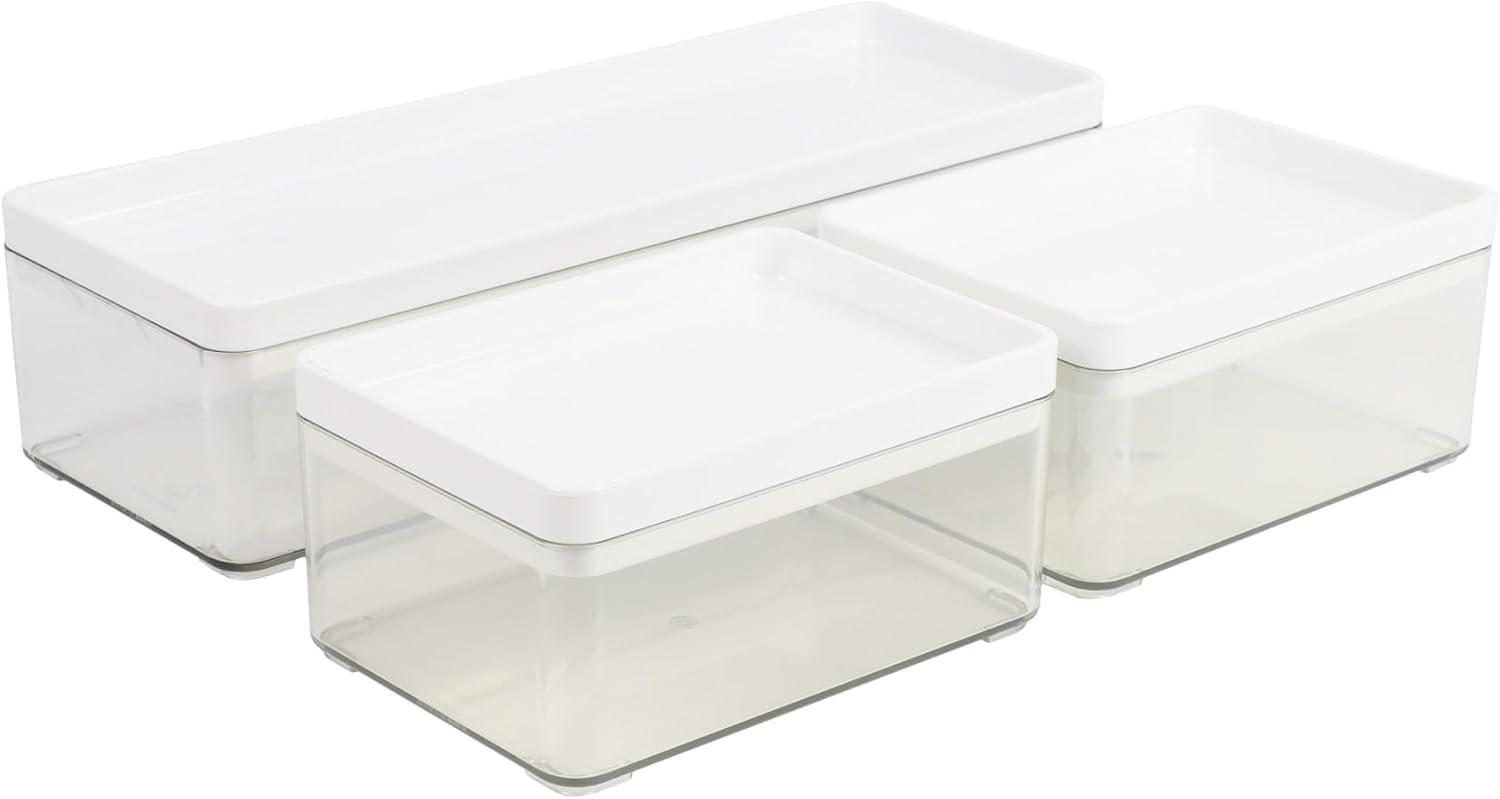 imageMartha Stewart Grady Clear Plastic Stackable Storage Boxes with Light Natural Paulownia Wood Lids Set of 3ClearWhite Plastic Top