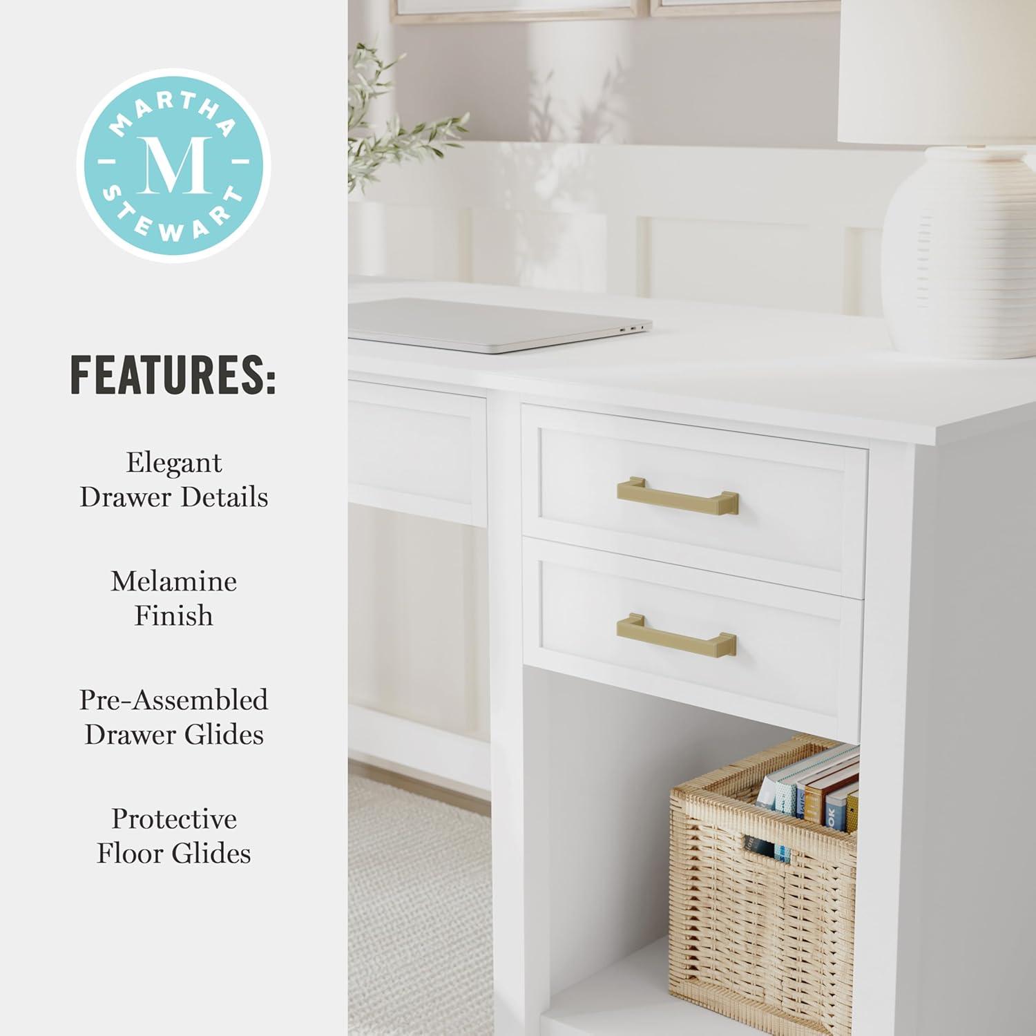 imageMartha Stewart Hutton Shaker Style Home Office Desk with 2 Side Drawers in White with Polished Brass Hardware