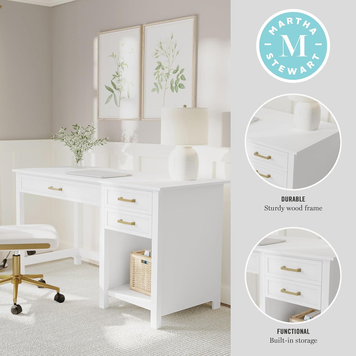 imageMartha Stewart Hutton Shaker Style Home Office Desk with 2 Side Drawers in White with Polished Brass Hardware