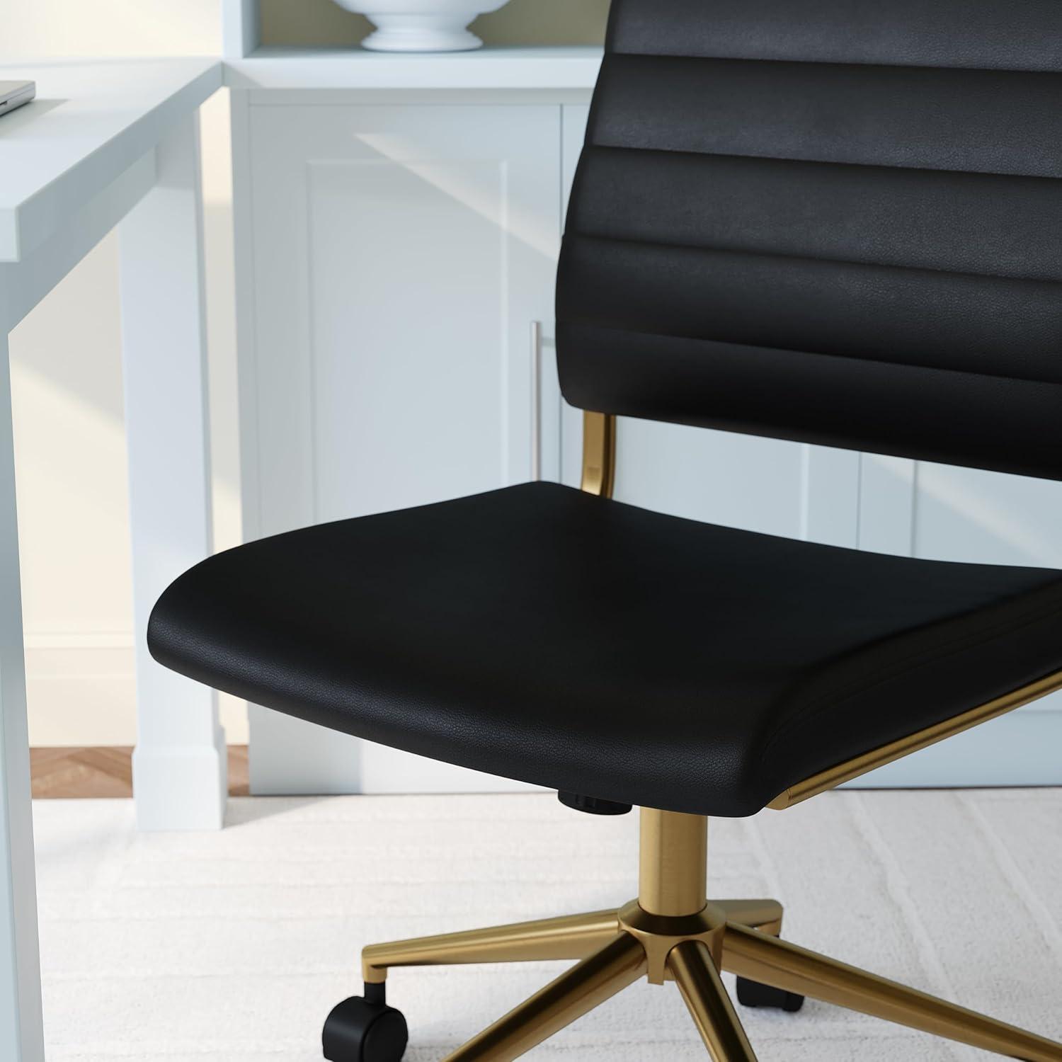 imageMartha Stewart Ivy Armless Swivel Task Chair for Home Office in White Faux Leather with Polished Brass FrameBlack Faux LeatherPolished Brass