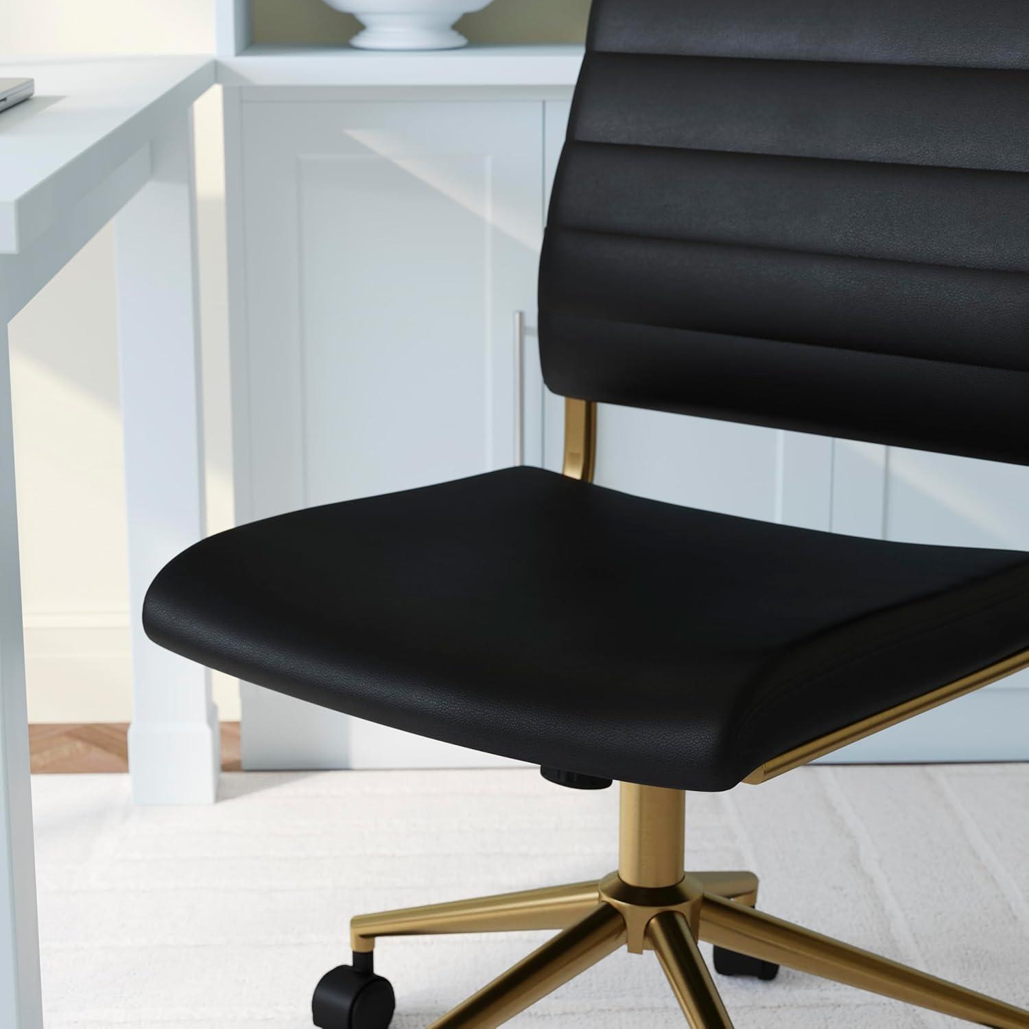 imageMartha Stewart Ivy Armless Swivel Task Chair for Home Office in White Faux Leather with Polished Brass FrameBlack Faux LeatherPolished Brass