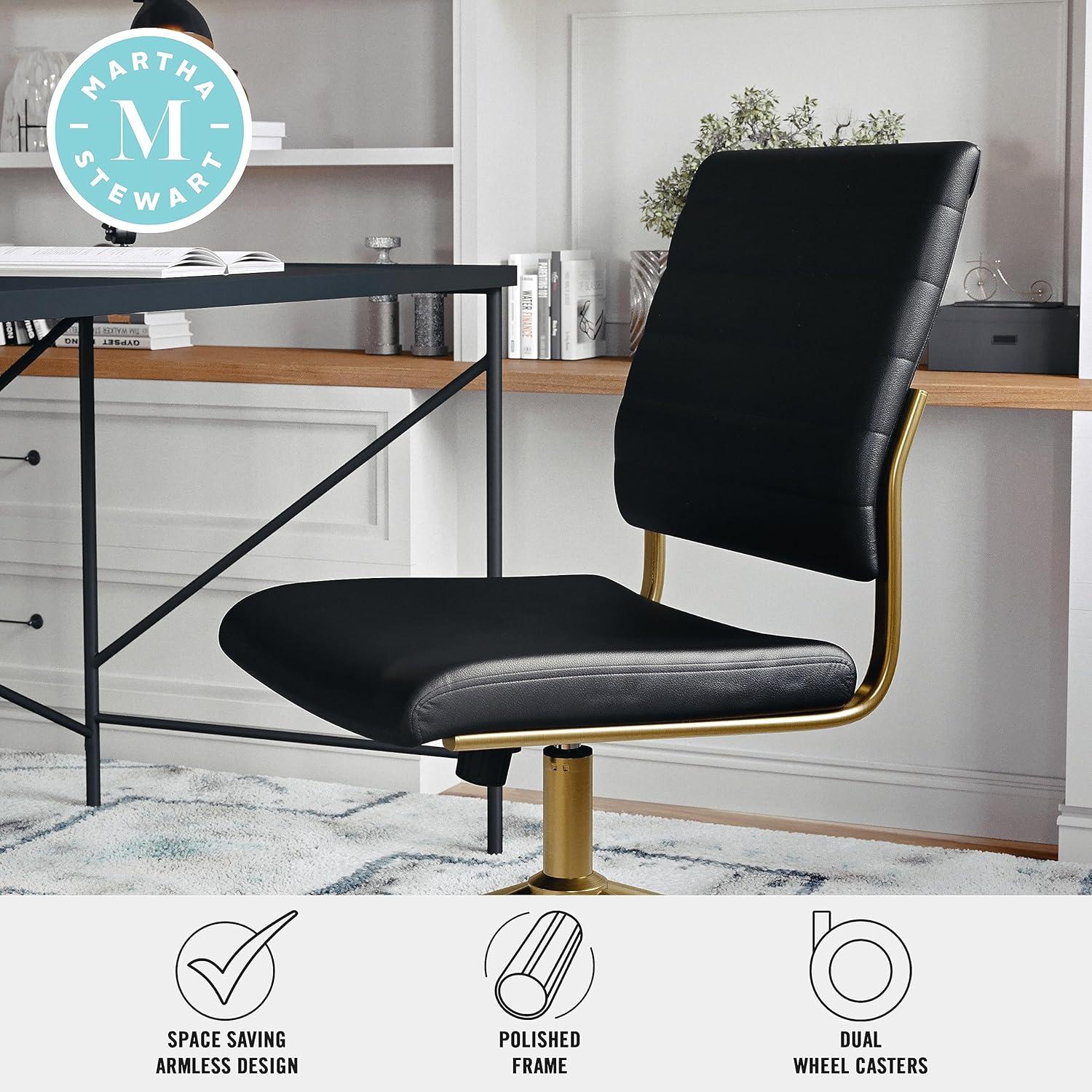 imageMartha Stewart Ivy Armless Swivel Task Chair for Home Office in White Faux Leather with Polished Brass FrameBlack Faux LeatherPolished Brass