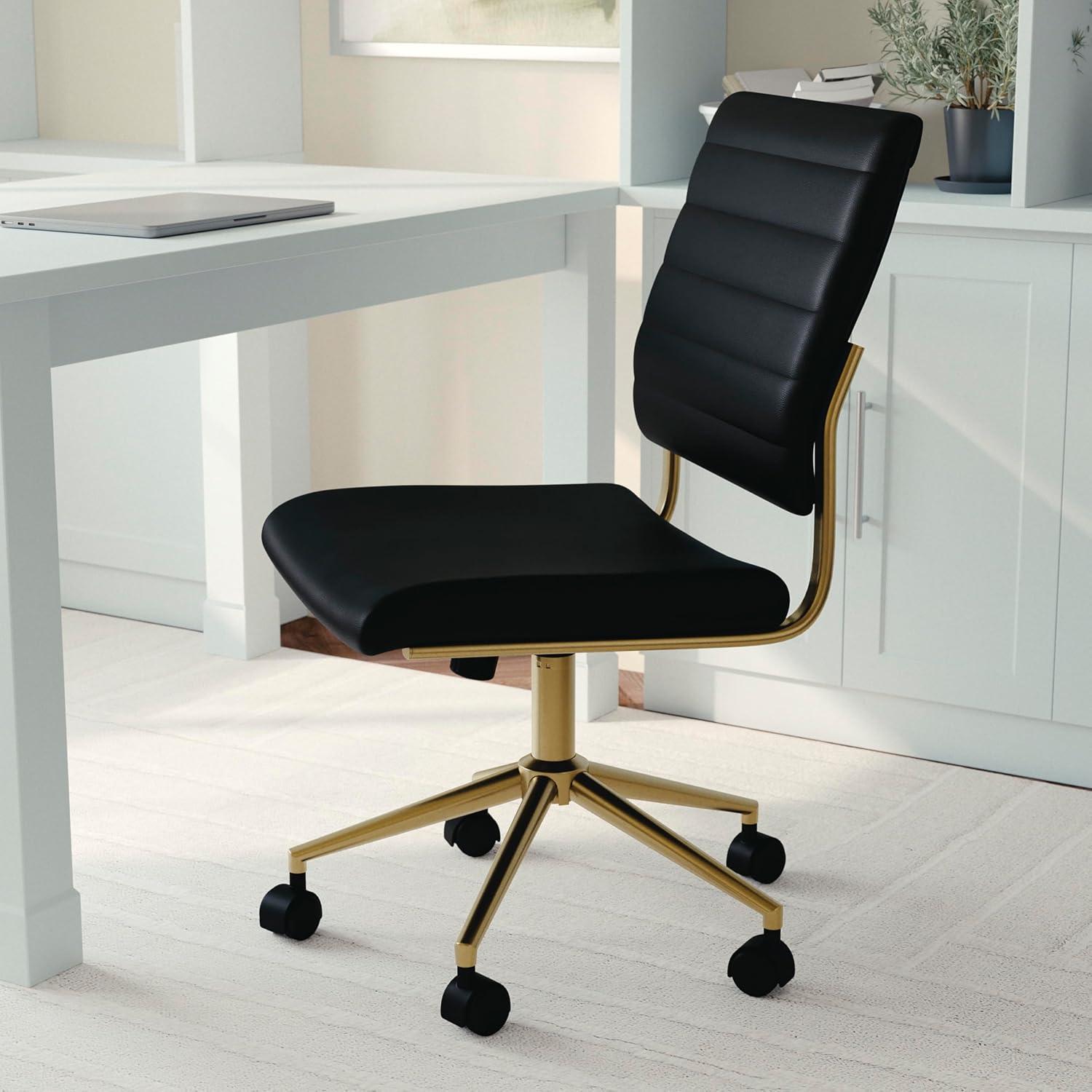 imageMartha Stewart Ivy Armless Swivel Task Chair for Home Office in White Faux Leather with Polished Brass FrameBlack Faux LeatherPolished Brass
