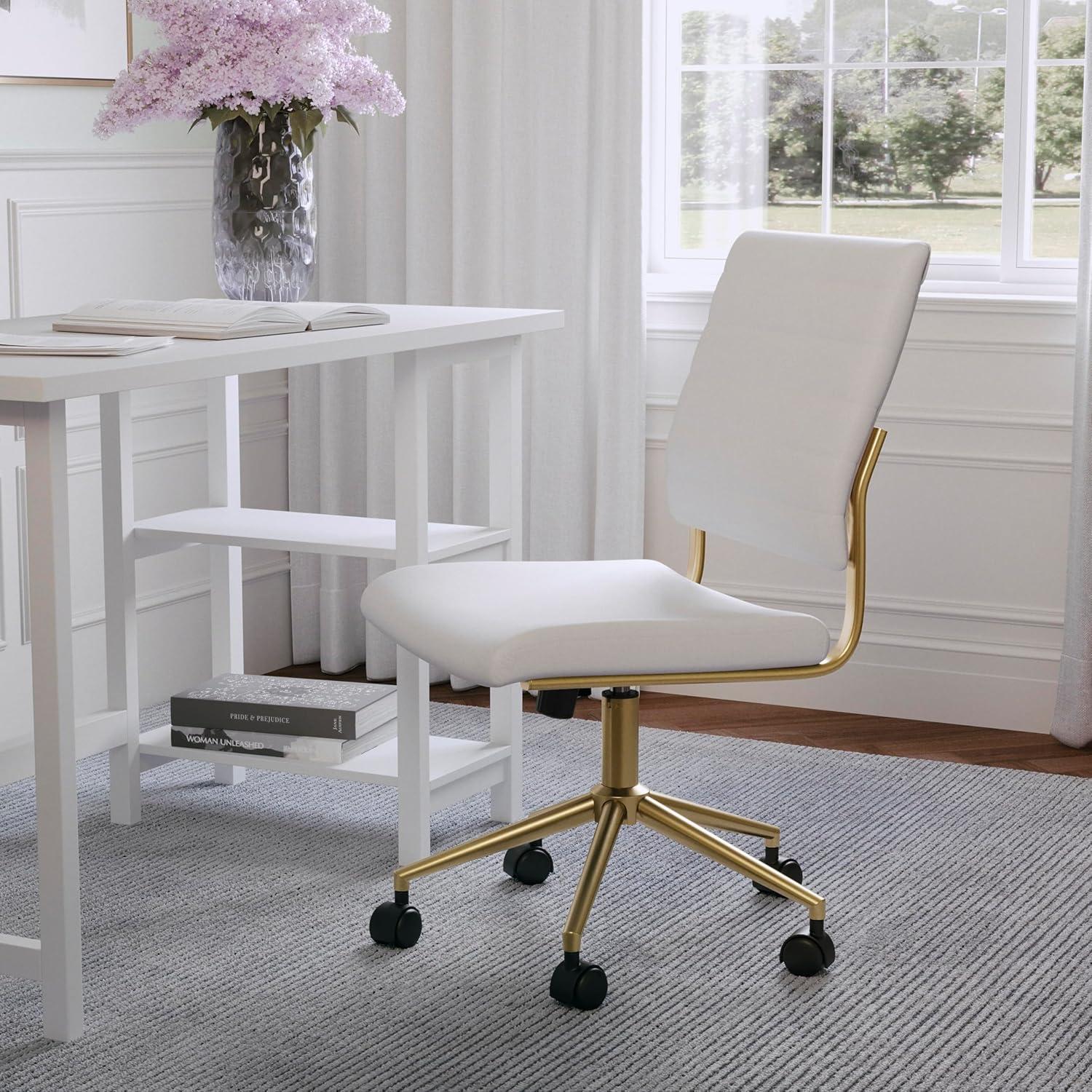 imageMartha Stewart Ivy Armless Swivel Task Chair for Home Office in White Faux Leather with Polished Brass FrameWhite Faux LeatherPolished Brass