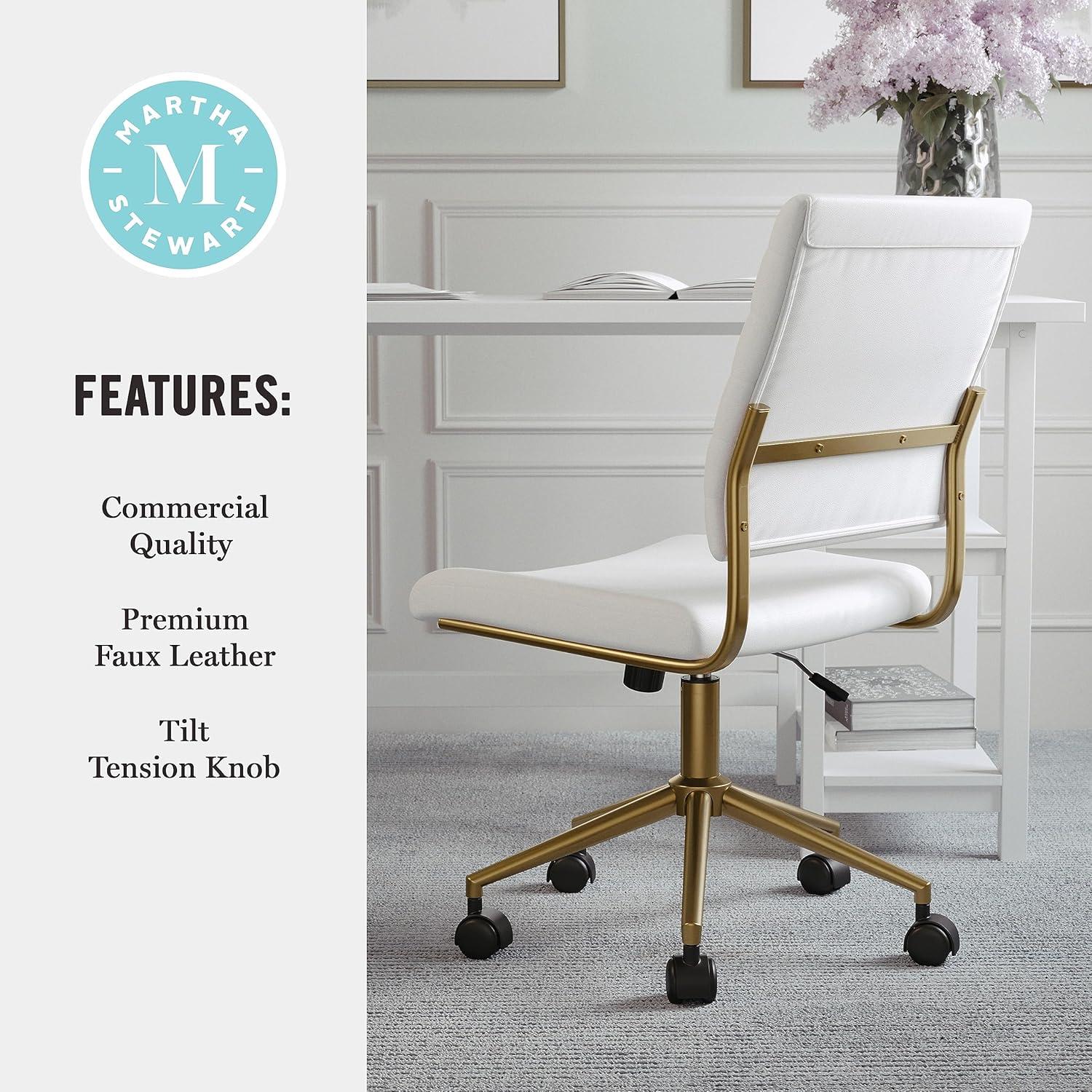 imageMartha Stewart Ivy Armless Swivel Task Chair for Home Office in White Faux Leather with Polished Brass FrameWhite Faux LeatherPolished Brass