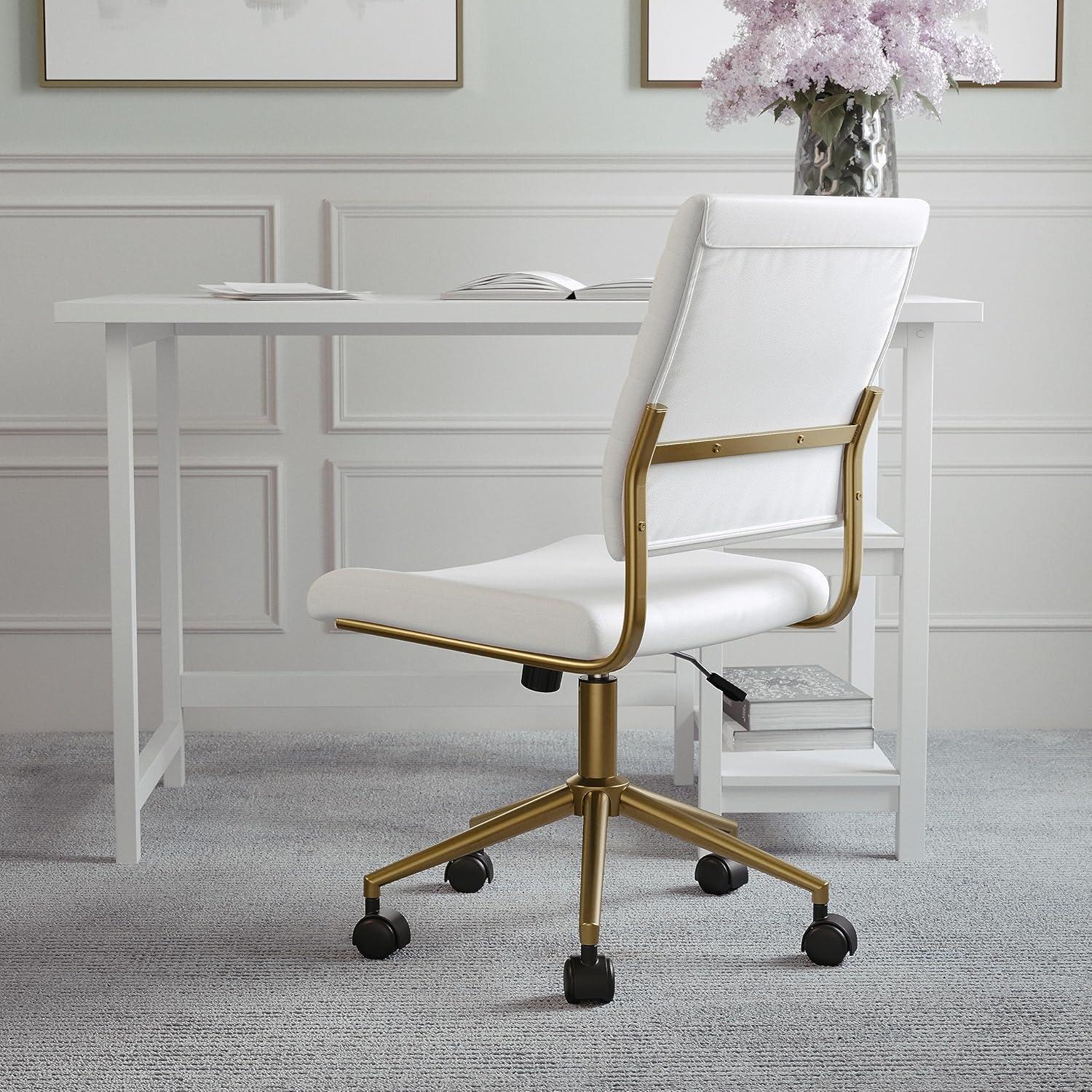imageMartha Stewart Ivy Armless Swivel Task Chair for Home Office in White Faux Leather with Polished Brass FrameWhite Faux LeatherPolished Brass
