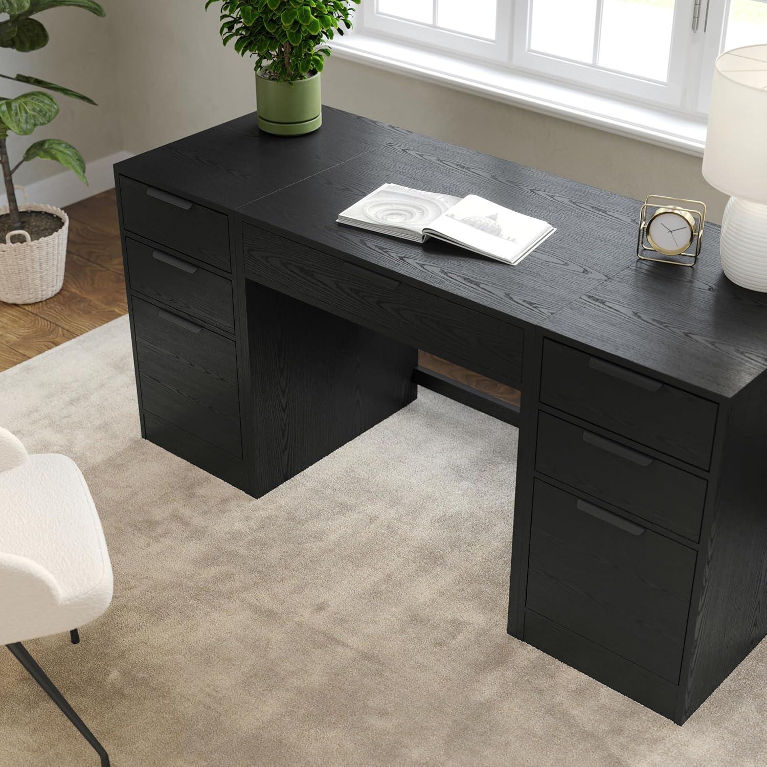 imageMartha Stewart Kayden Home Office Modular Desk with Drawer and Dual 3 Drawer File Cabinets in Black with Oil Rubbed Bronze Hardware