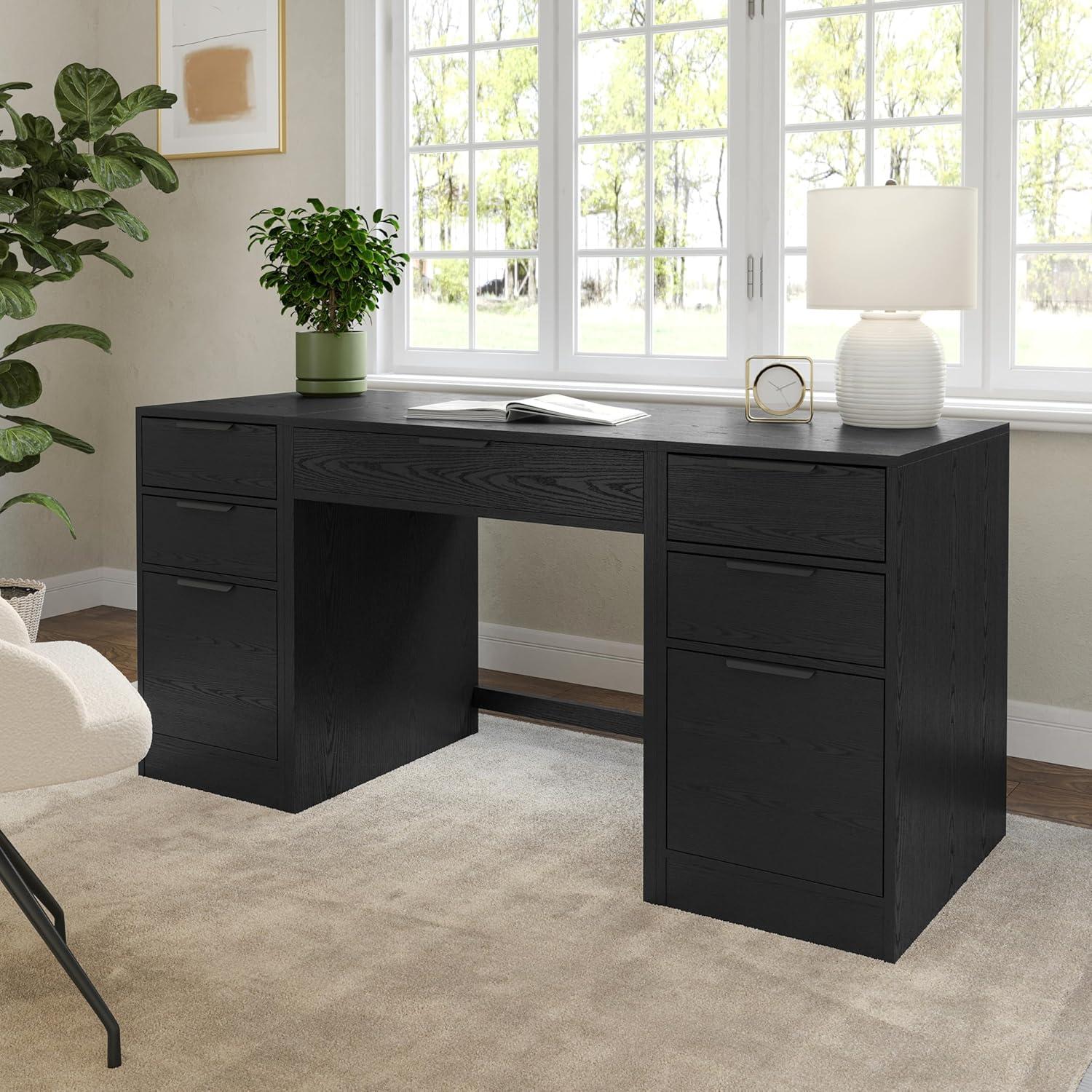imageMartha Stewart Kayden Home Office Modular Desk with Drawer and Dual 3 Drawer File Cabinets in Black with Oil Rubbed Bronze Hardware