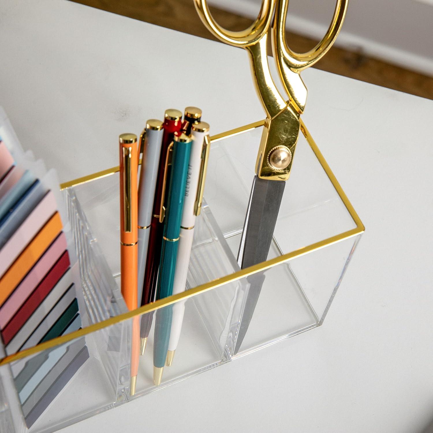 imageMartha Stewart Kerry Plastic 4 Compartment Pen Holder Office Desktop Organizer with Gold Trim