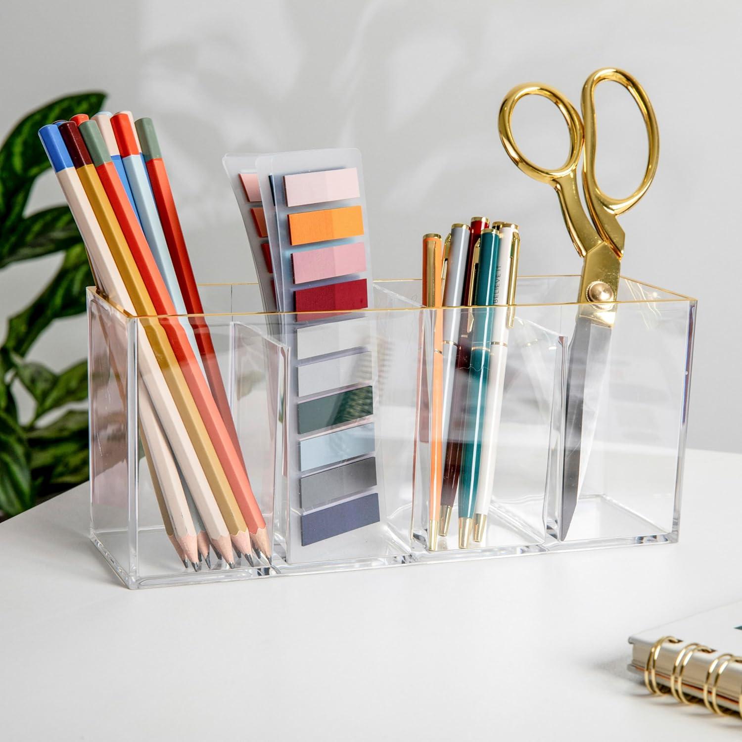 imageMartha Stewart Kerry Plastic 4 Compartment Pen Holder Office Desktop Organizer with Gold Trim