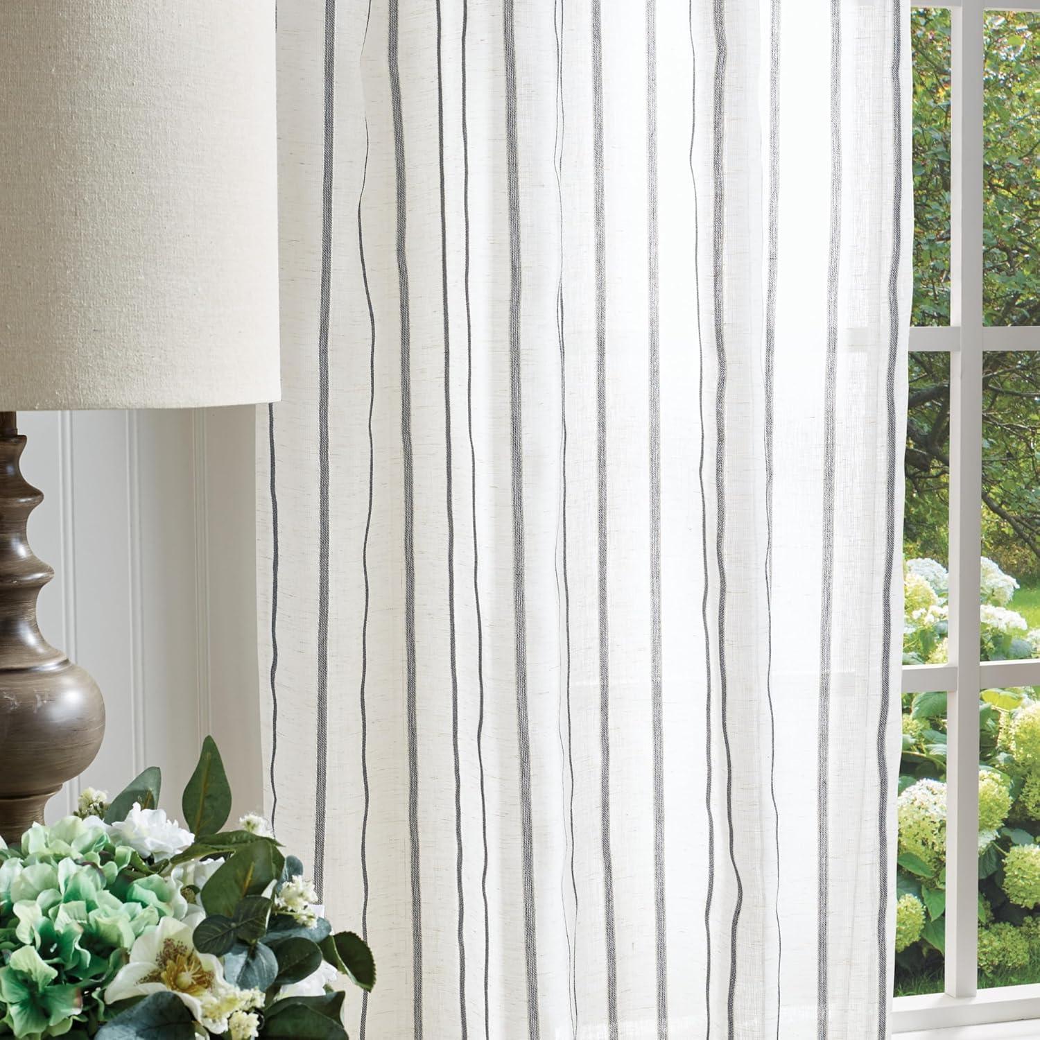 imageMartha Stewart Laguna Stripe SemiSheer Tie Tab Window Curtain Panel Pair 84 BlueBlue