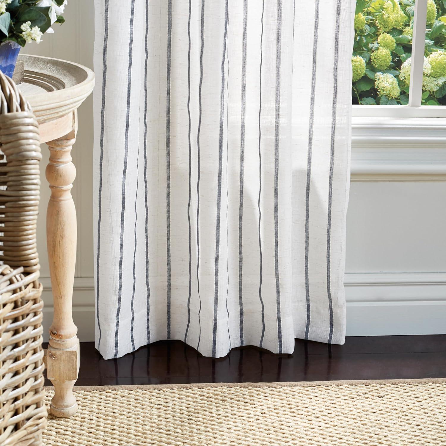 imageMartha Stewart Laguna Stripe SemiSheer Tie Tab Window Curtain Panel Pair 84 BlueGrey