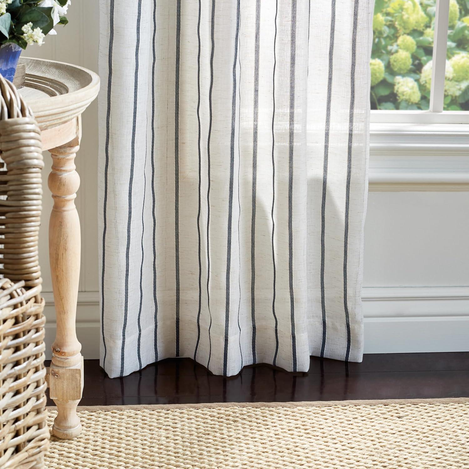 imageMartha Stewart Laguna Stripe SemiSheer Tie Tab Window Curtain Panel Pair 84 BlueNavy