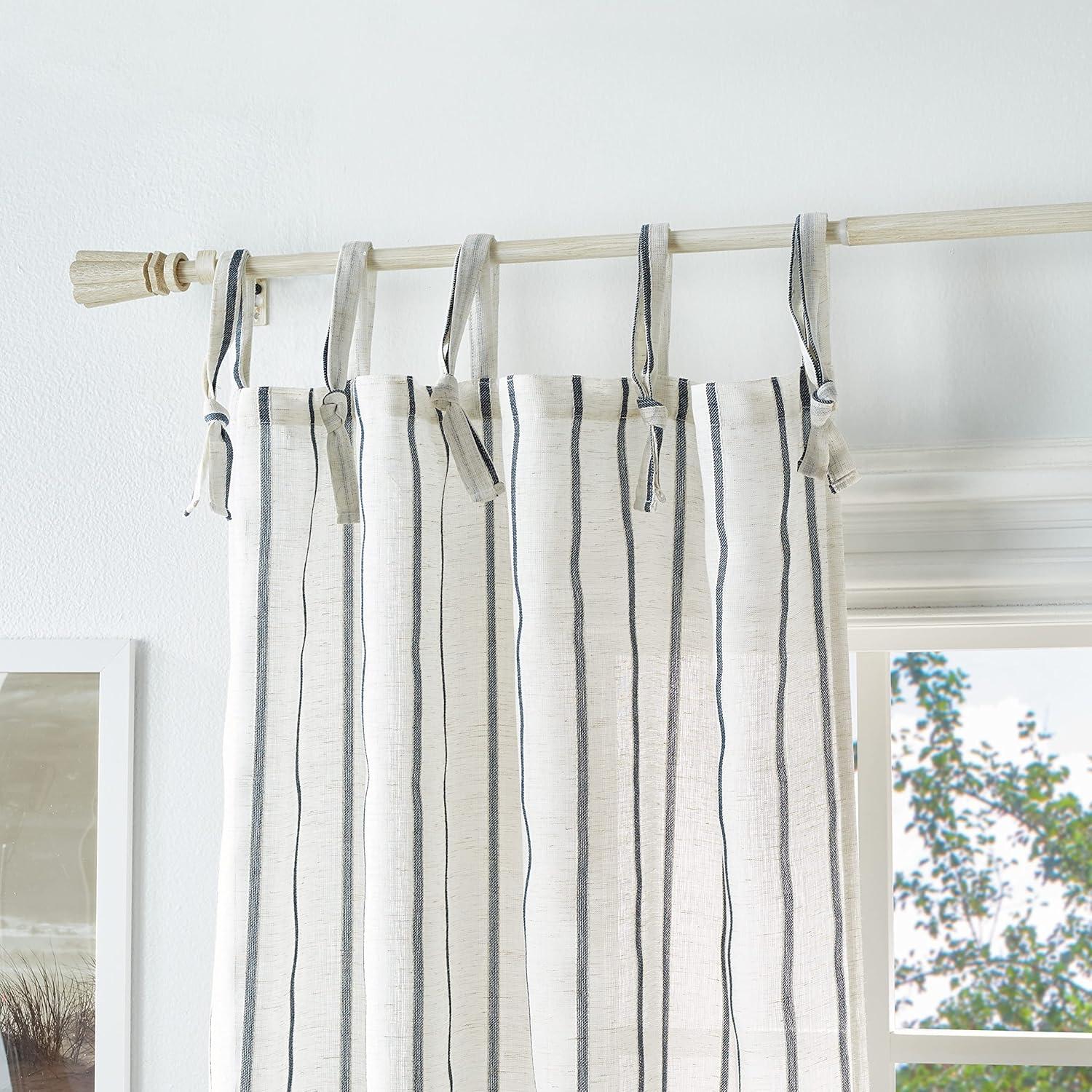 imageMartha Stewart Laguna Stripe SemiSheer Tie Tab Window Curtain Panel Pair 84 BlueNavy
