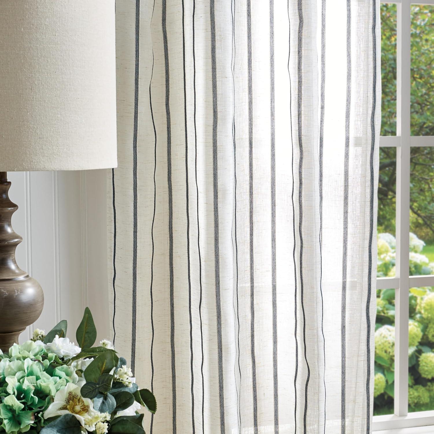 imageMartha Stewart Laguna Stripe SemiSheer Tie Tab Window Curtain Panel Pair 84 BlueNavy