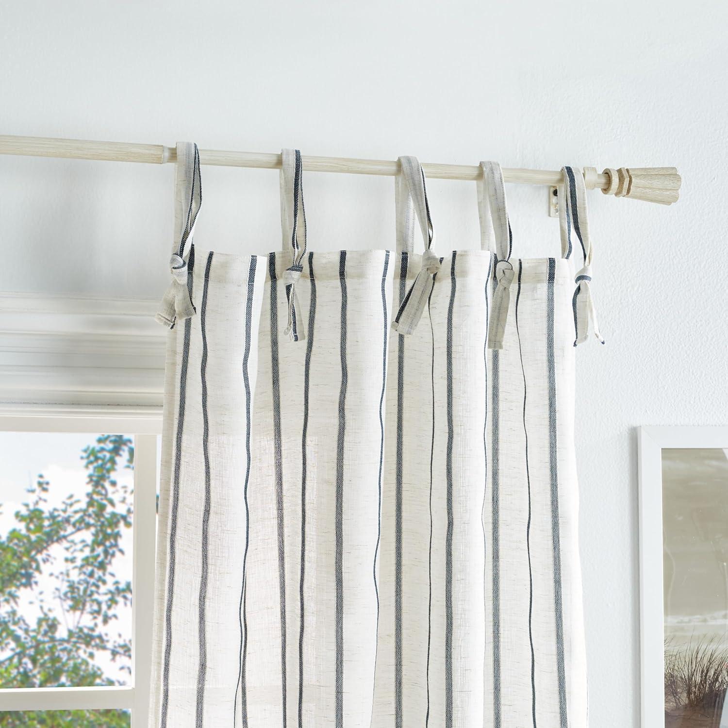 imageMartha Stewart Laguna Stripe SemiSheer Tie Tab Window Curtain Panel Pair 84 BlueNavy