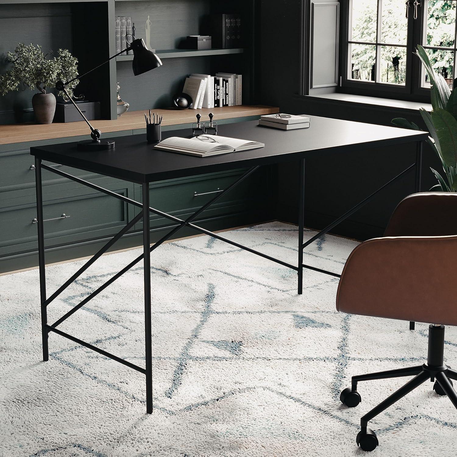 imageMartha Stewart Maddox Home Office Parsons Desk in Black Wood Grain with Oil Rubbed Bronze Metal XFrame