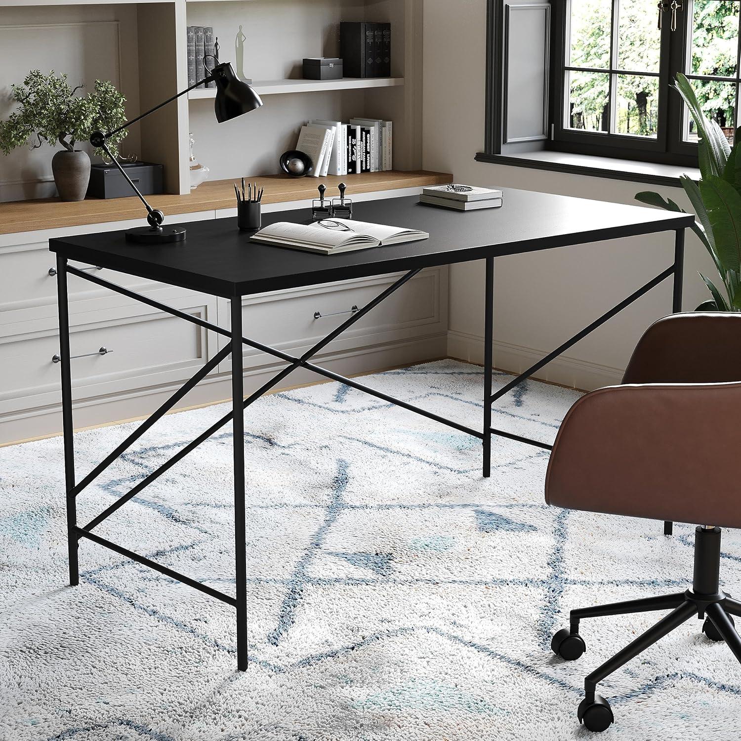 imageMartha Stewart Maddox Home Office Parsons Desk in Black Wood Grain with Oil Rubbed Bronze Metal XFrame