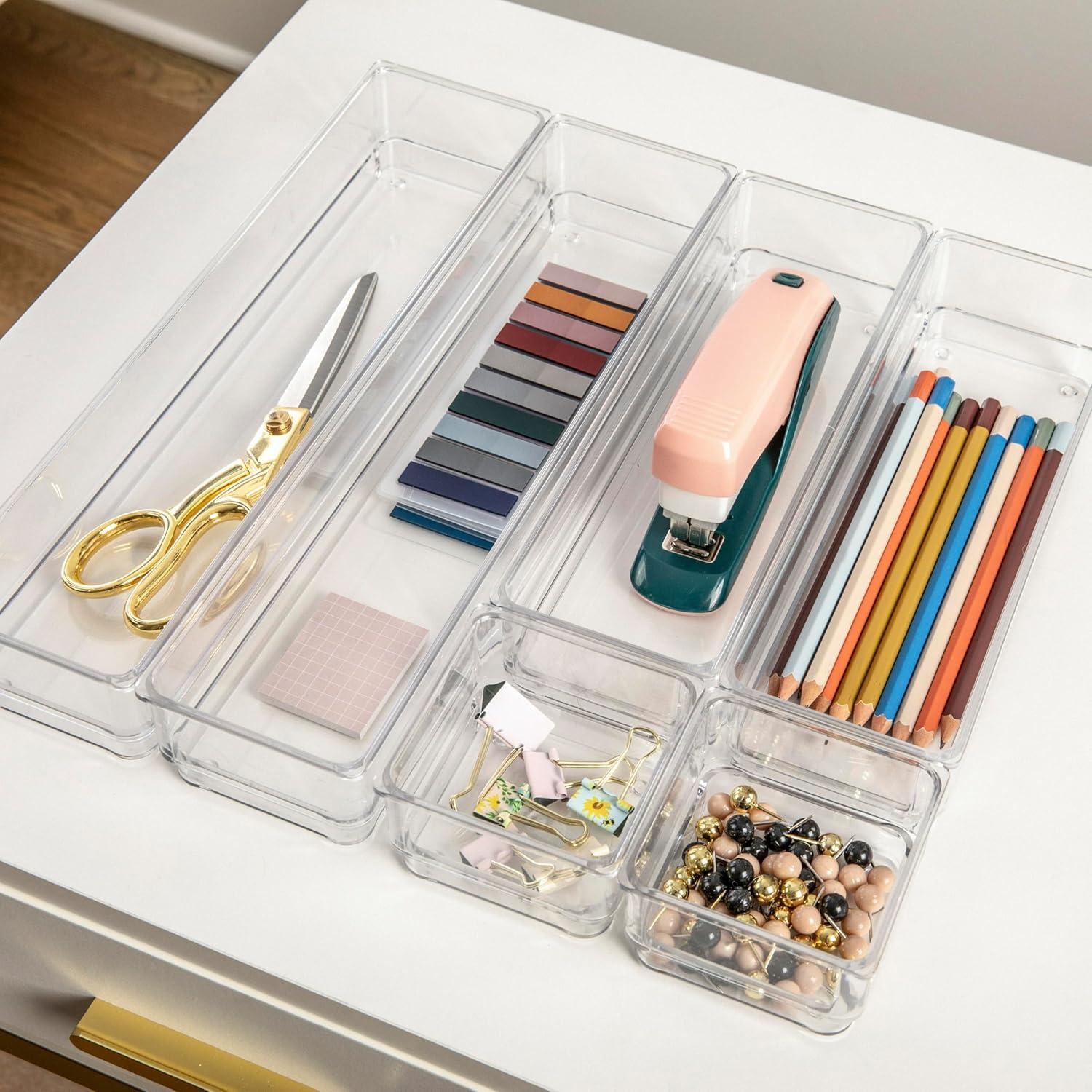 imageMartha Stewart Miles Plastic Stackable Office Desk Drawer Organizers Set of 6 ClearClear