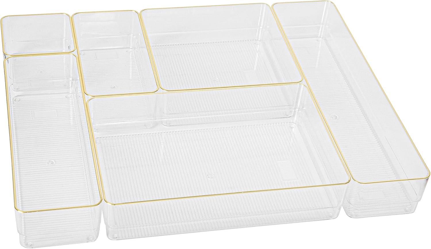 imageMartha Stewart Miles Plastic Stackable Office Desk Drawer Organizers Set of 6 ClearClearGold Trim