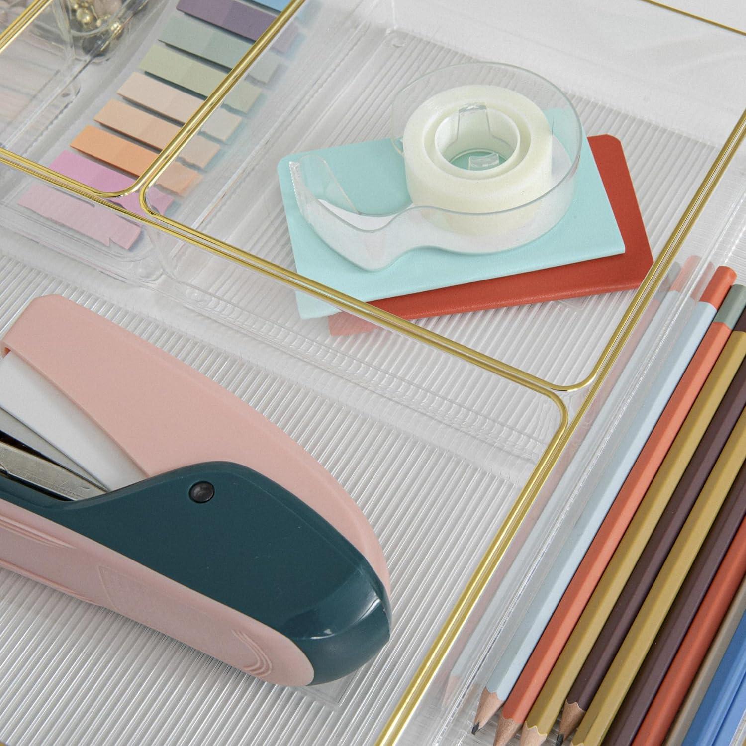 imageMartha Stewart Miles Plastic Stackable Office Desk Drawer Organizers Set of 6 ClearClearGold Trim