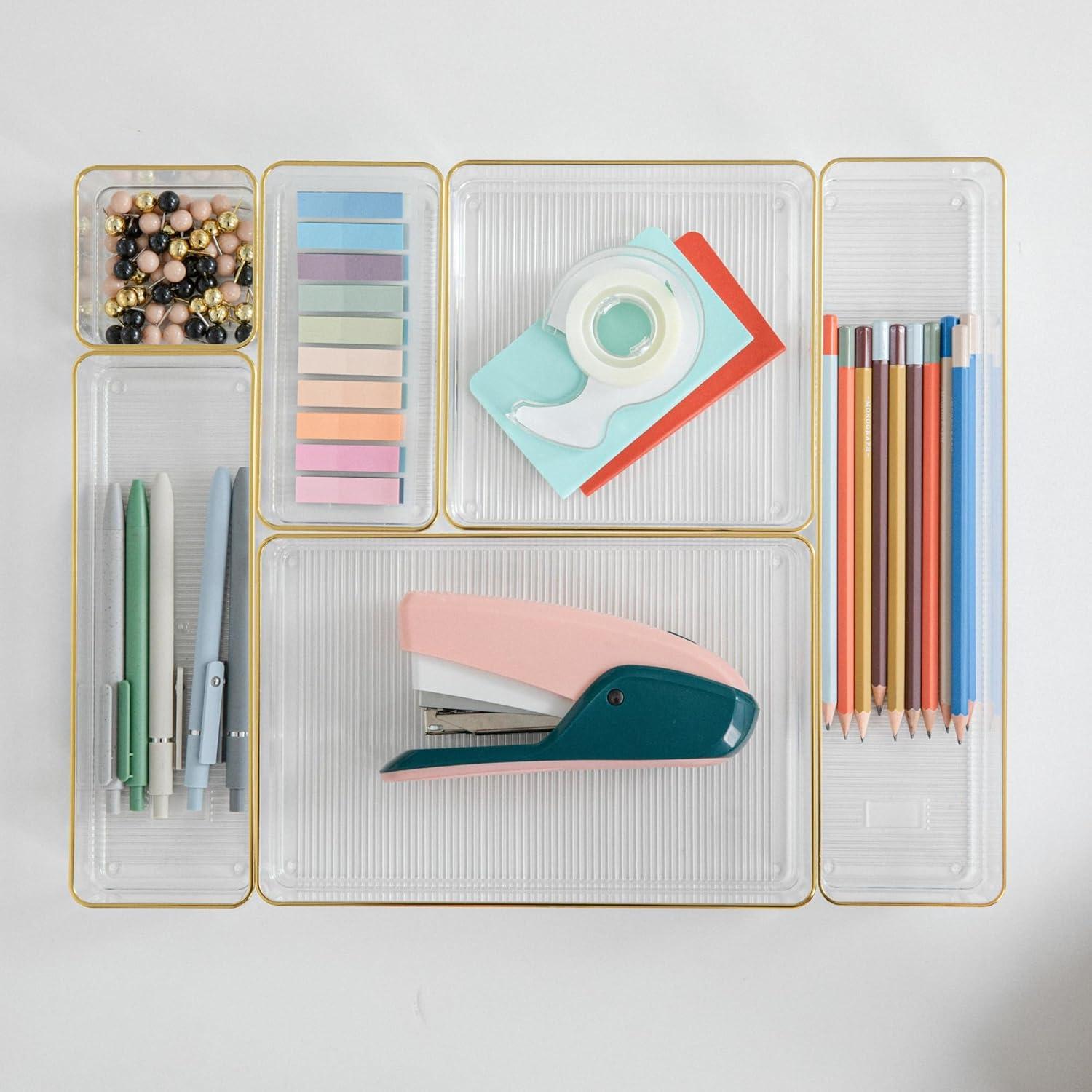 imageMartha Stewart Miles Plastic Stackable Office Desk Drawer Organizers Set of 6 ClearClearGold Trim