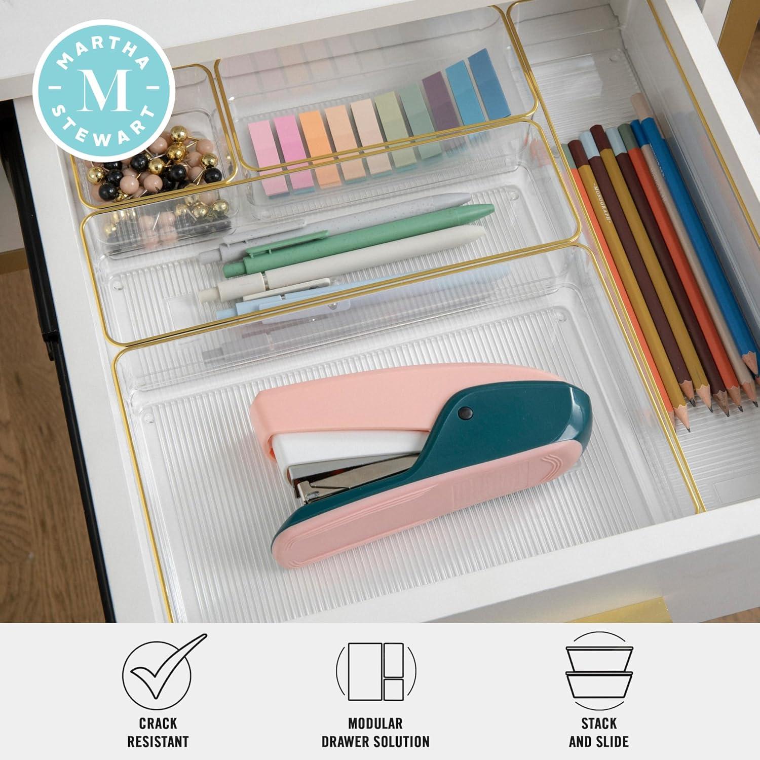 imageMartha Stewart Miles Plastic Stackable Office Desk Drawer Organizers Set of 6 ClearClearGold Trim